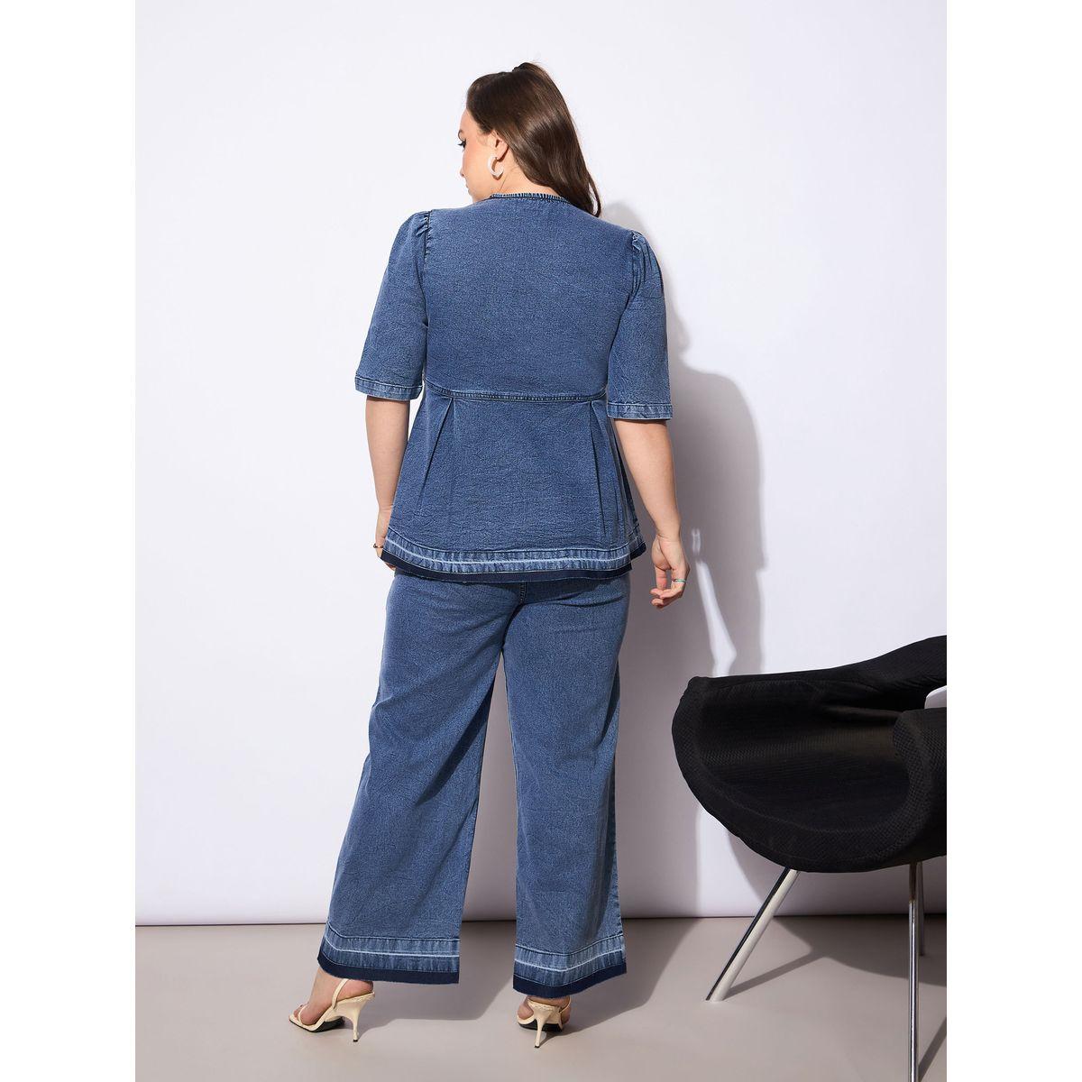 طقم منسق من جينز وبلوزة بيبلوم سادة بمقاس كبير-women-clothing-dresses-image-6