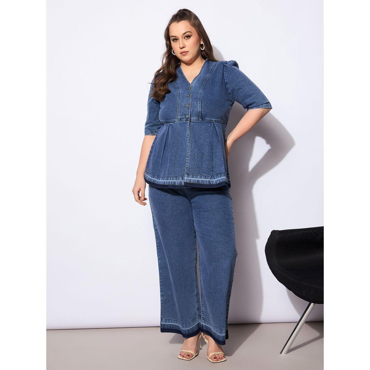 Sassafras Plus Size Solid V Neck Denim Metal Button Peplum Top and Jeans Co-Ords-women-clothing-dresses-image-7