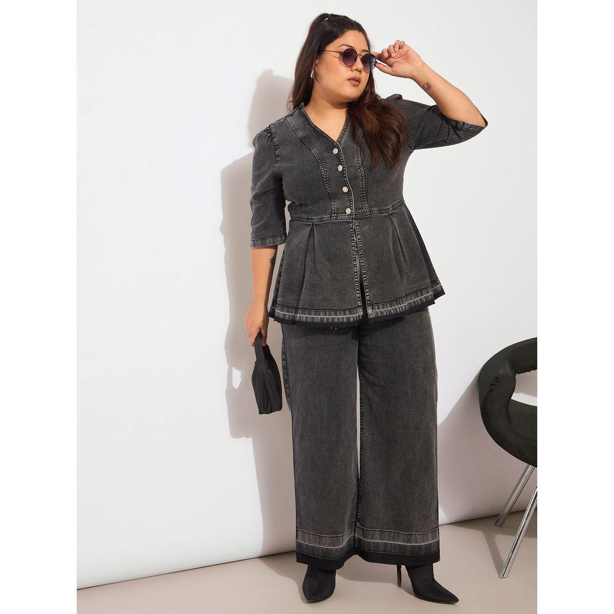 طقم منسق من جينز وبلوزة بيبلوم دنيم بمقاس كبير-women-clothing-dresses-image-1