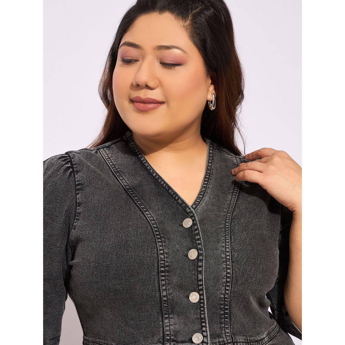 طقم منسق من جينز وبلوزة بيبلوم دنيم بمقاس كبير-women-clothing-dresses-image-3