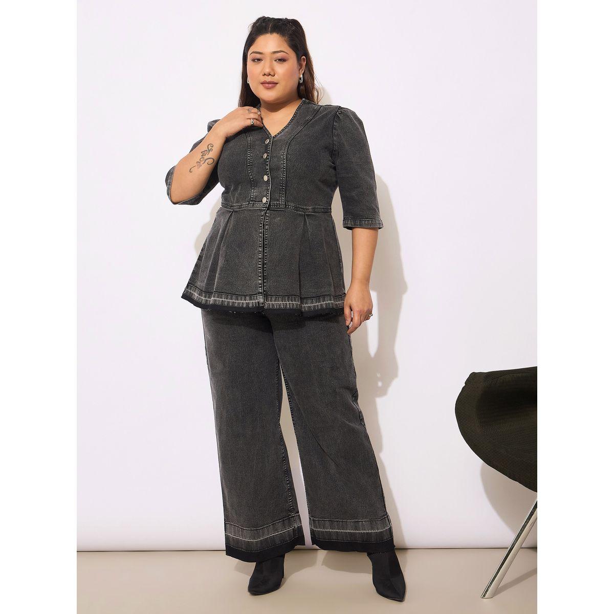 Sassafras Plus Size Plain Denim Metal Button Peplum Top and Jeans Co-Ords-women-clothing-dresses-image-6