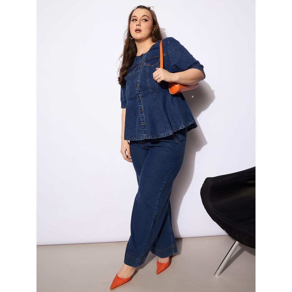 طقم منسق من جينز وبلوزة بيبلوم دنيم بمقاس كبير-women-clothing-dresses-image-1