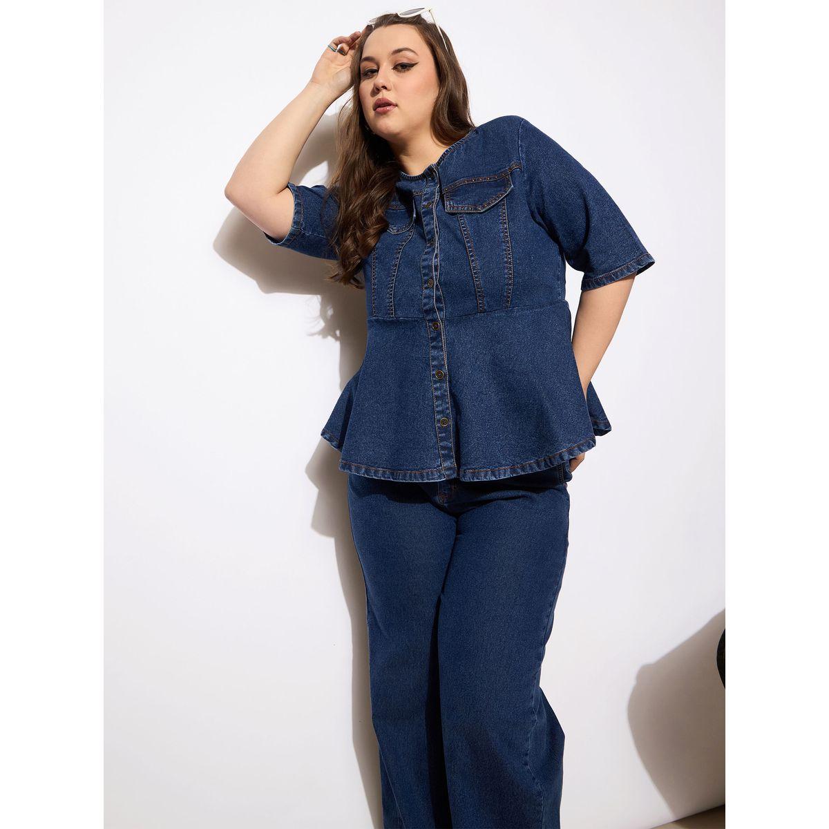طقم منسق من جينز وبلوزة بيبلوم دنيم بمقاس كبير-women-clothing-dresses-image-2