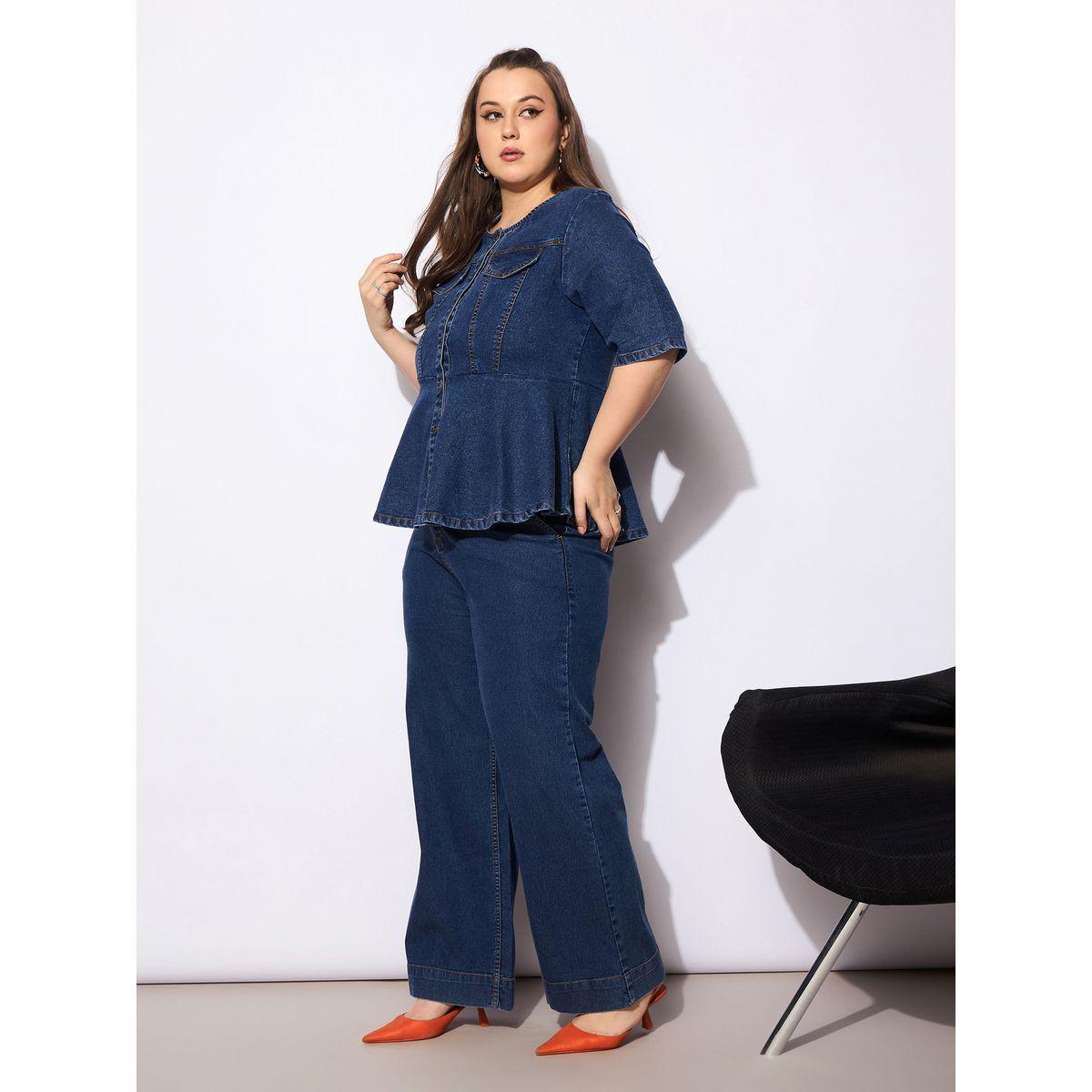 Sassafras Plus Size Plain Denim Peplum Top and Jeans Co-Ords-women-clothing-dresses-image-3