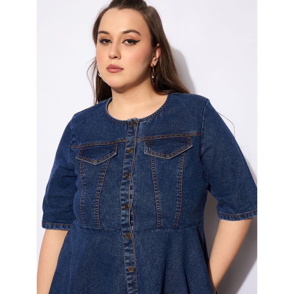 طقم منسق من جينز وبلوزة بيبلوم دنيم بمقاس كبير-women-clothing-dresses-image-4