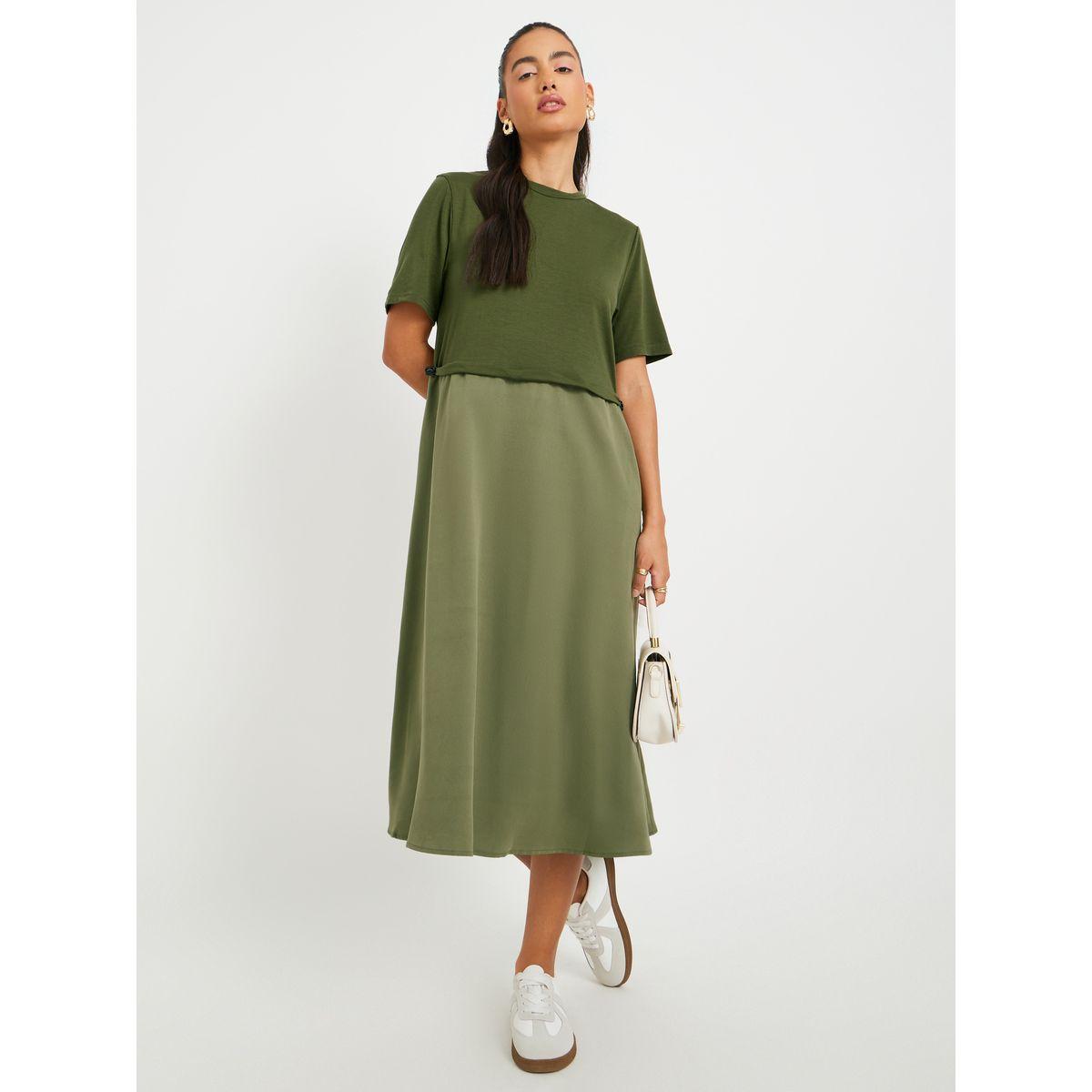 Styli Solid Short Sleeve Twofer A-Line Midi Dress-women-clothing-dresses-image-1