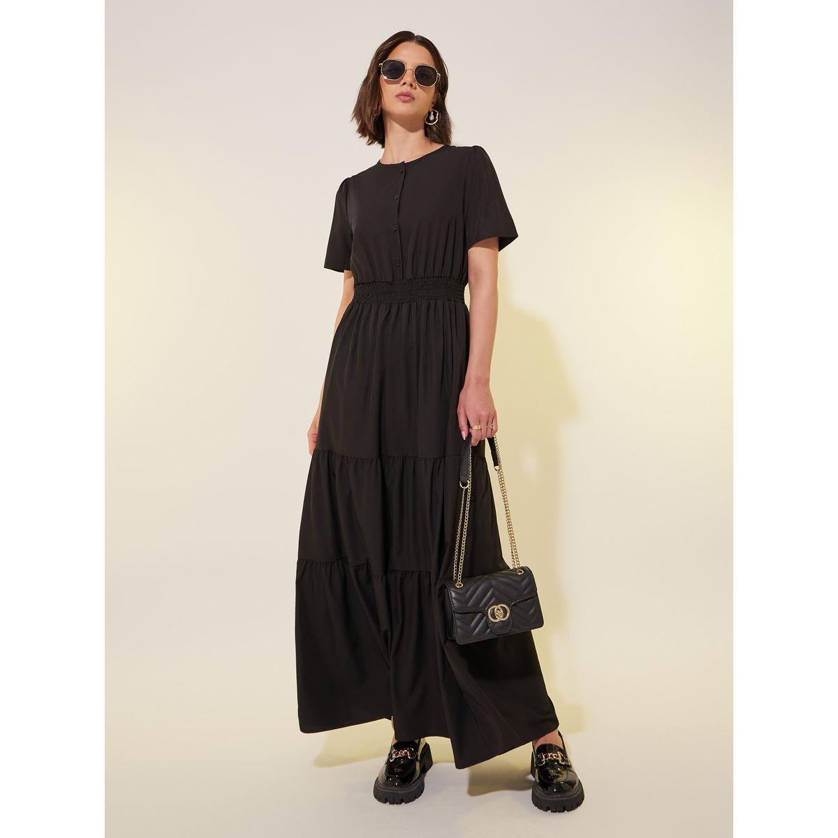 Styli Solid Smocked Waist Puff Sleeves Tiered Maxi Dress-women-clothing-dresses-image-1