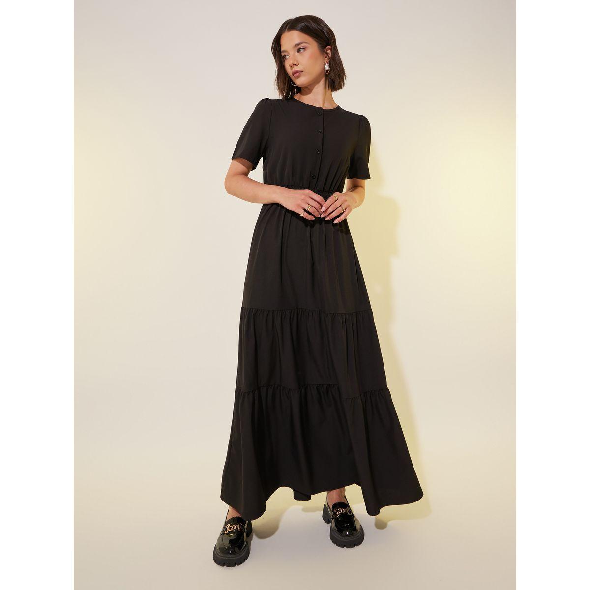 Styli Solid Smocked Waist Puff Sleeves Tiered Maxi Dress-women-clothing-dresses-image-2