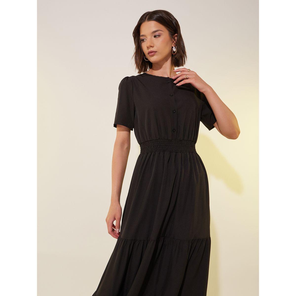 Styli Solid Smocked Waist Puff Sleeves Tiered Maxi Dress-women-clothing-dresses-image-3
