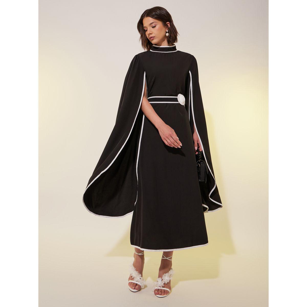 Styli Solid Contrasted Trim Midi Dress with Flower Detail-women-clothing-dresses-image-1