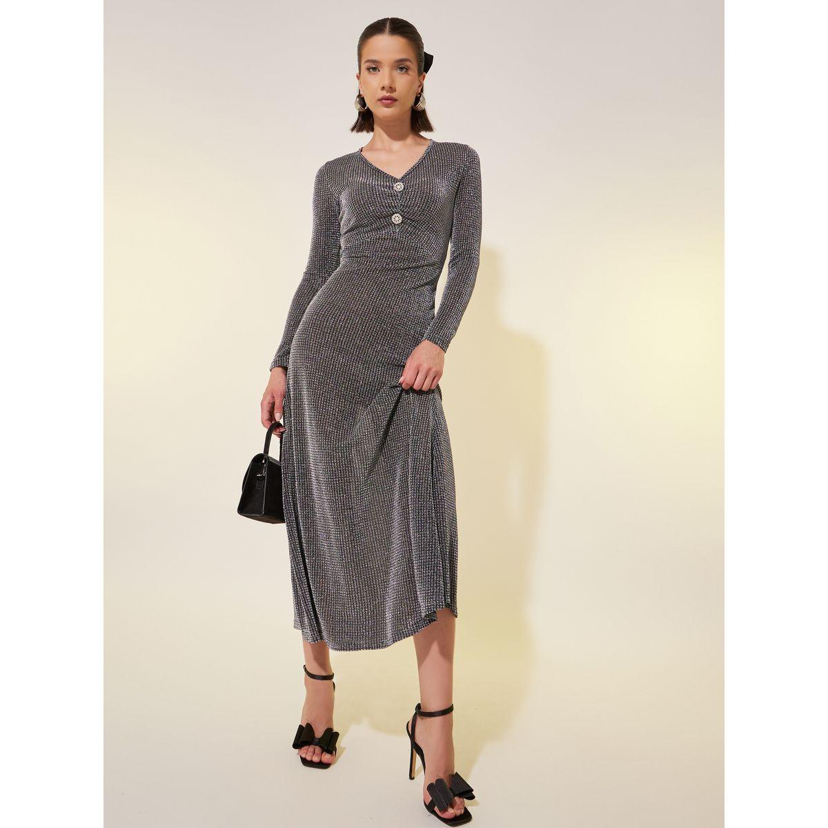 Styli Texture Embellished V-Neck Midi Dress-women-clothing-dresses-image-1