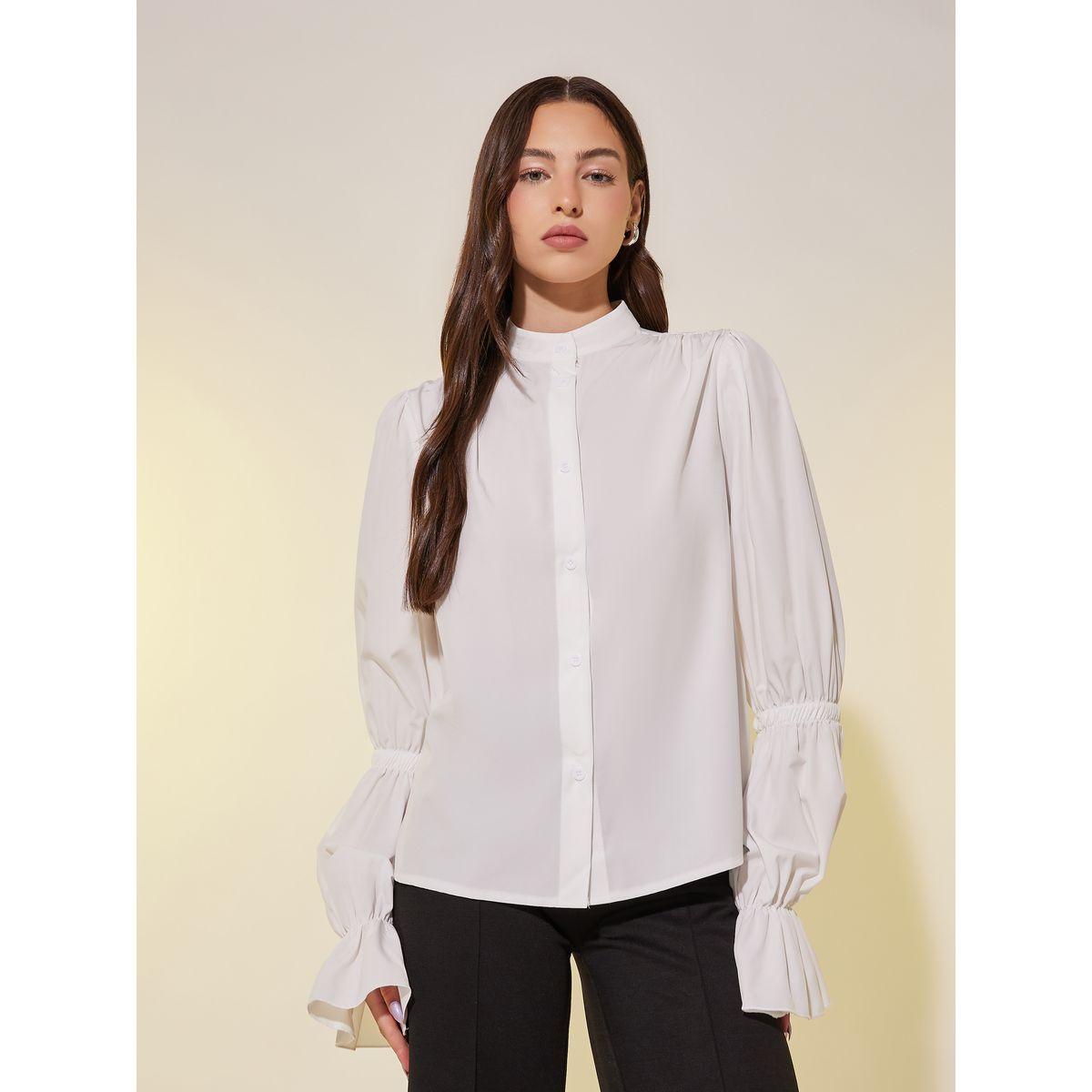 بلوزة فضفاضة سادة بأكمام فانوس-women-clothing-shirtsandblouses-shirts-image-2