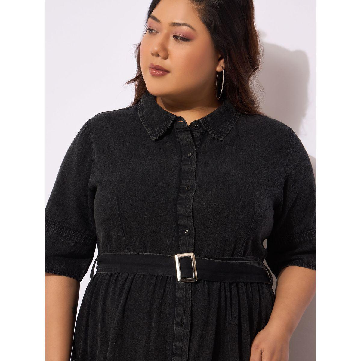 Sassafras Plus Size Collared Buttoned Midi Dress with Belt-women-clothing-dresses-image-4