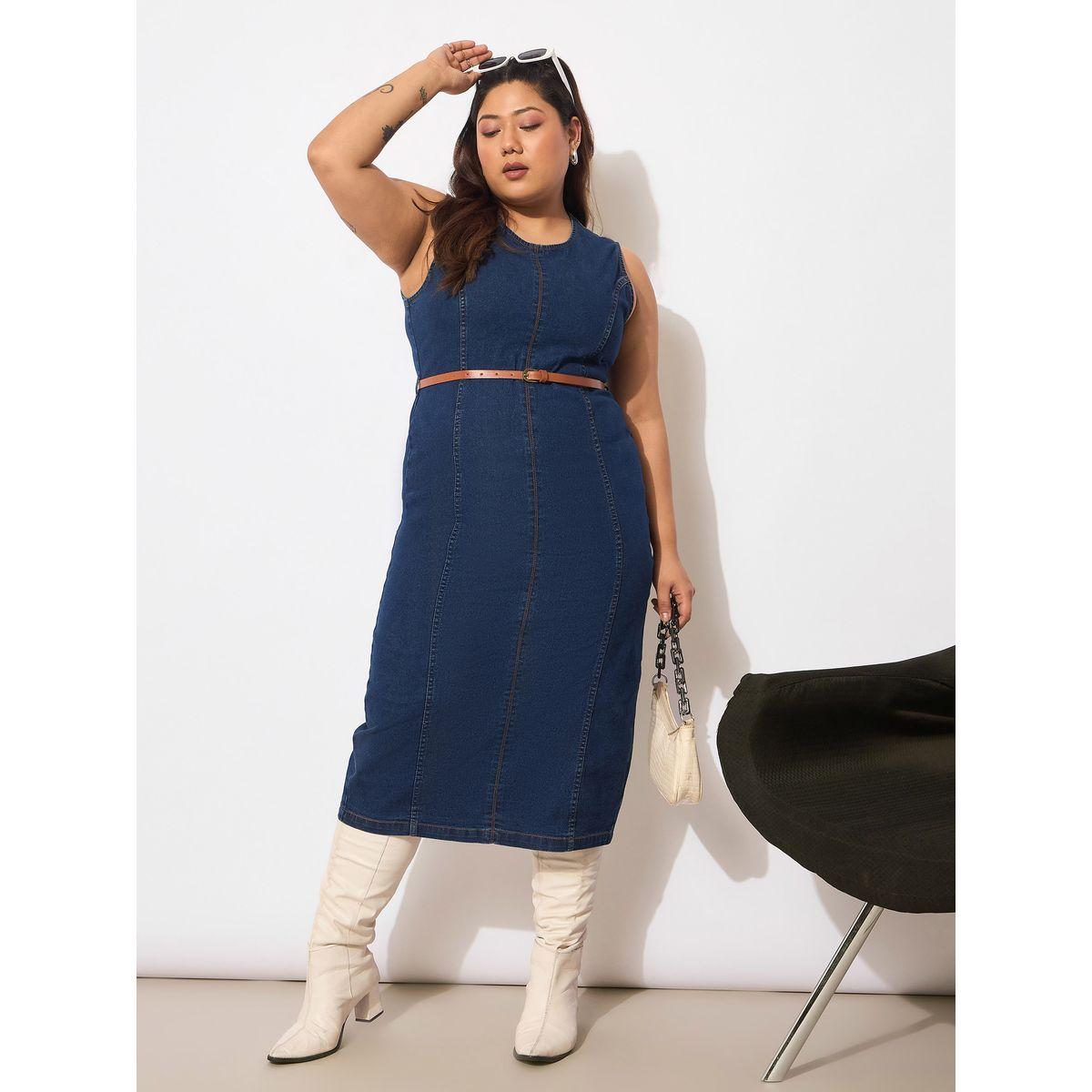 Sassafras Plus Size Denim Sleeveless Belted Bodycon Midi Dress-women-clothing-dresses-image-2