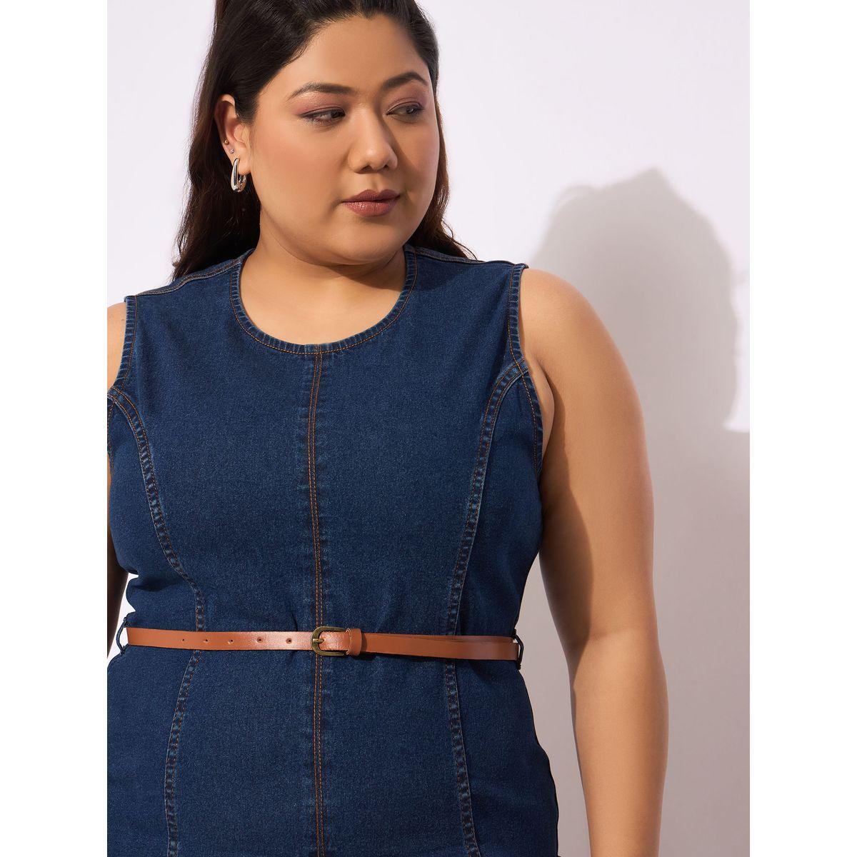 Sassafras Plus Size Denim Sleeveless Belted Bodycon Midi Dress-women-clothing-dresses-image-4