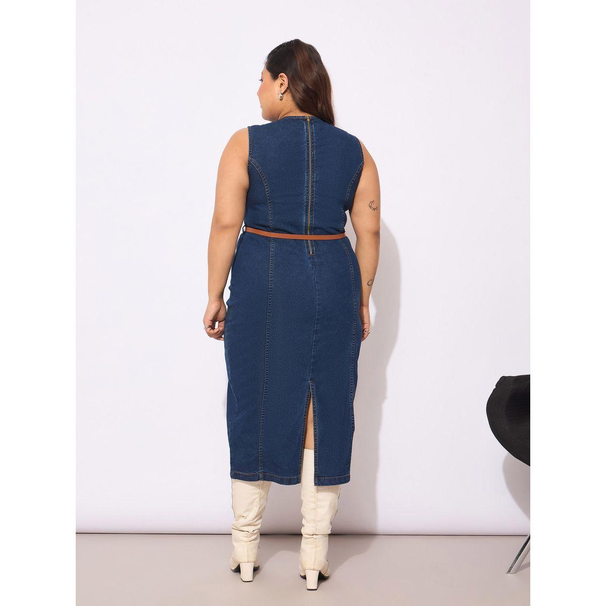 Sassafras Plus Size Denim Sleeveless Belted Bodycon Midi Dress-women-clothing-dresses-image-5