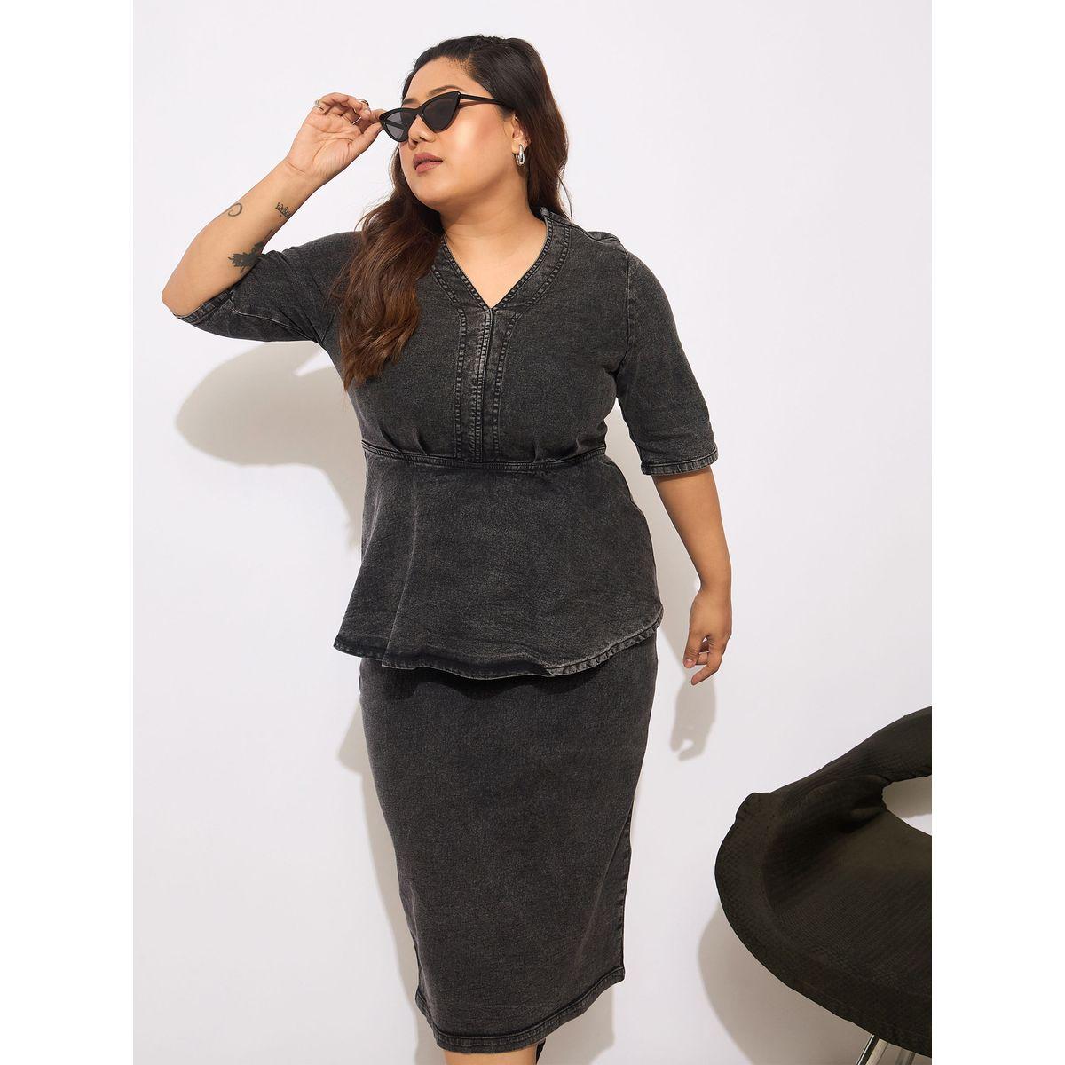 Sassafras Plus Size Denim V-Neck Front Peplum Dress-women-clothing-dresses-image-1