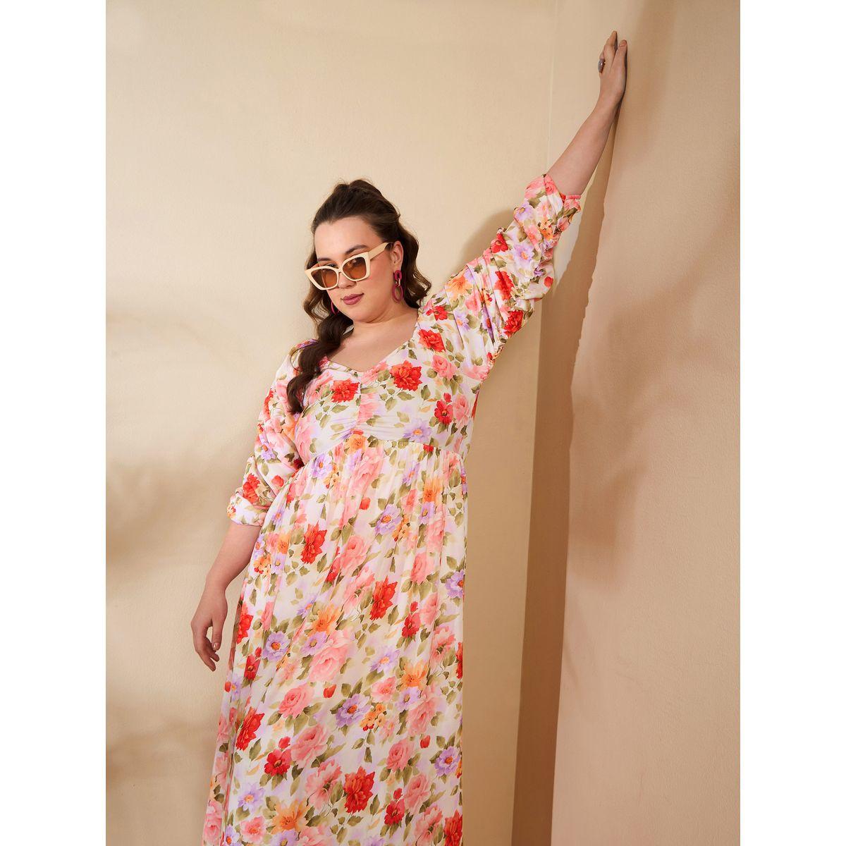 فستان ميدي بمقاس كبير مع أكمام بتفاصيل مزمومة-women-clothing-dresses-image-2