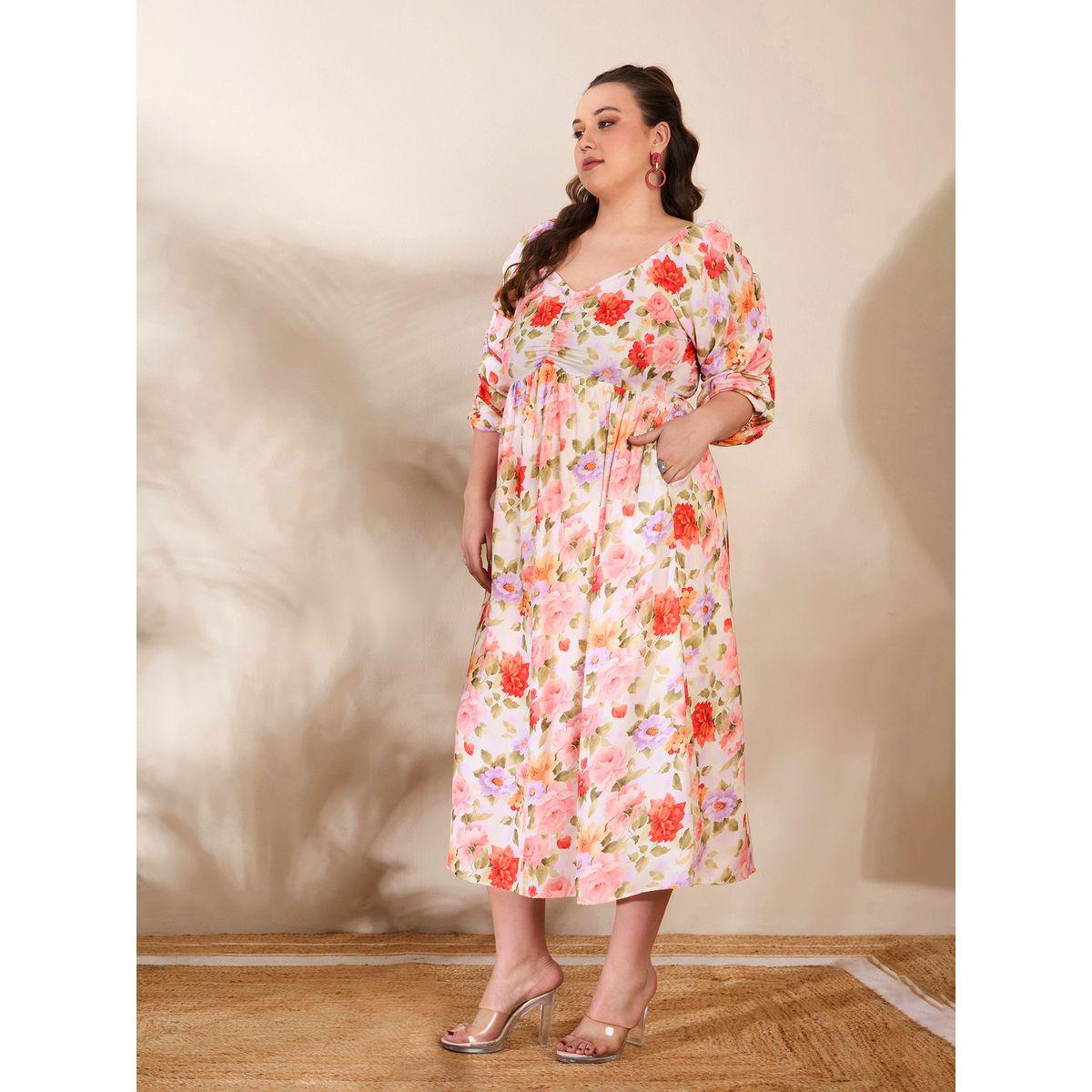 Sassafras Plus Size Floral Rouched Sleeves Midi Dress-women-clothing-dresses-image-3