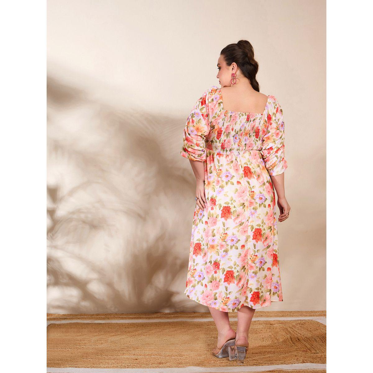 فستان ميدي بمقاس كبير مع أكمام بتفاصيل مزمومة-women-clothing-dresses-image-5