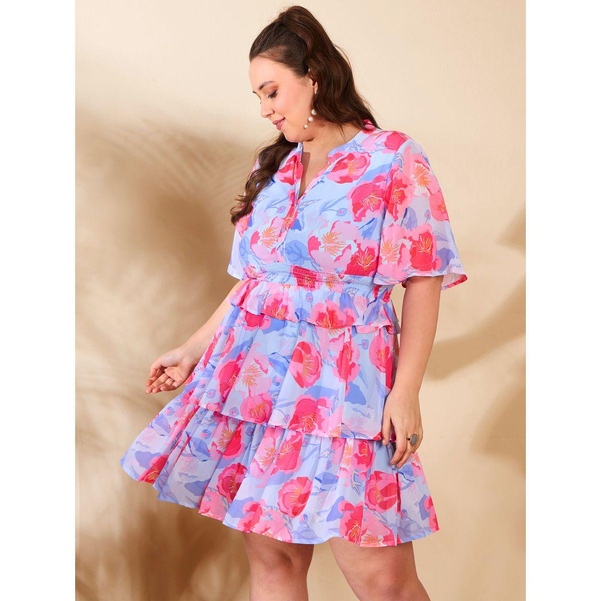 فستان بطول الركبة بمقاس كبير وطبعة زهور-women-clothing-dresses-image-2