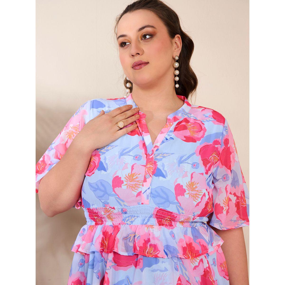 فستان بطول الركبة بمقاس كبير وطبعة زهور-women-clothing-dresses-image-4