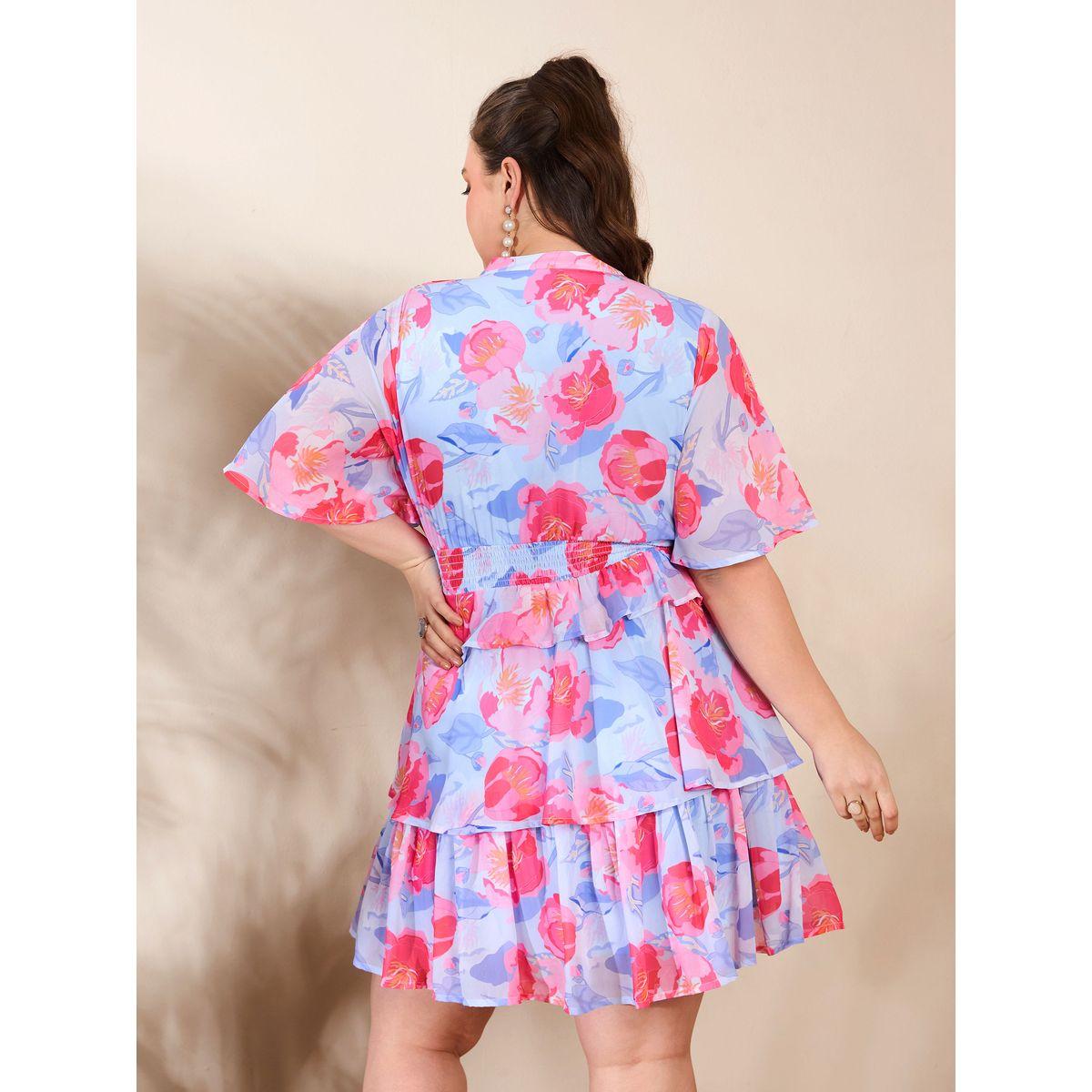 فستان بطول الركبة بمقاس كبير وطبعة زهور-women-clothing-dresses-image-5
