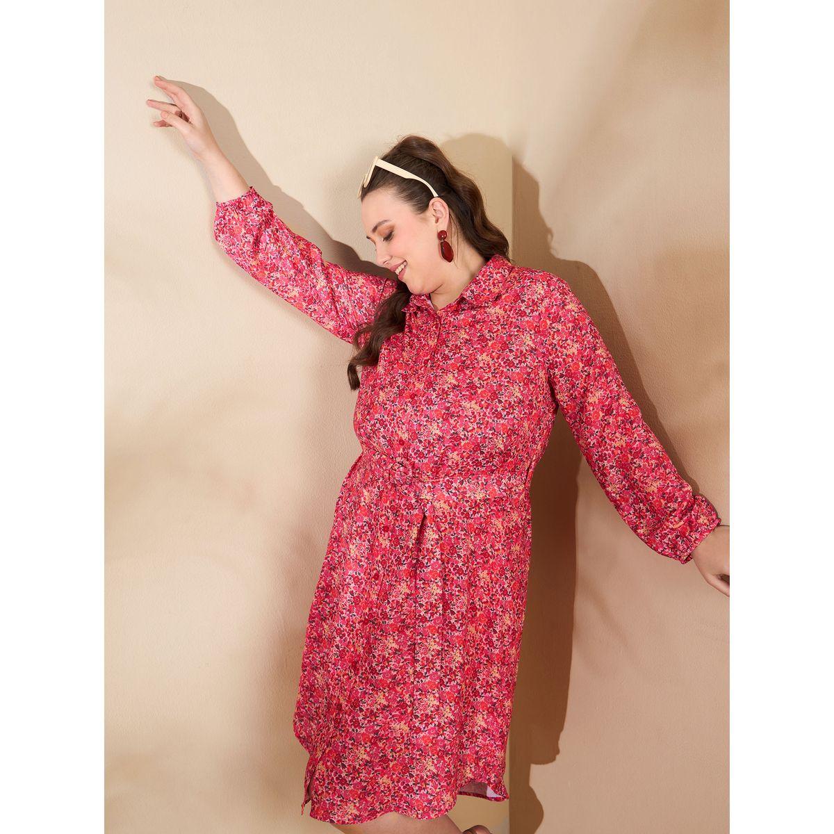 Sassafras Plus Size Floral Print Knee Length Shirt Dress-women-clothing-dresses-image-1