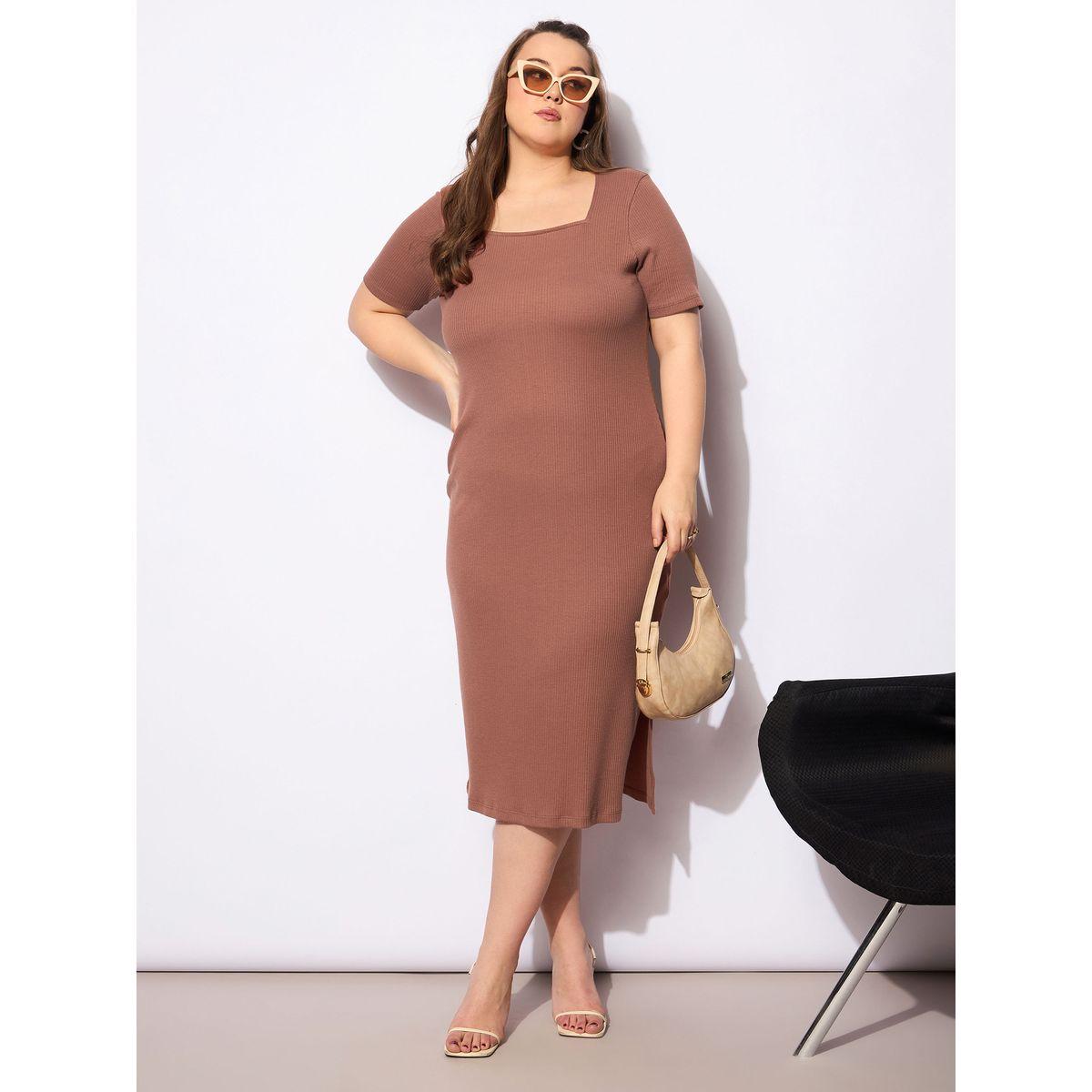 Sassafras Plus Size Ribbed Square Neck Short Sleeves Midi Dress-women-clothing-dresses-image-1