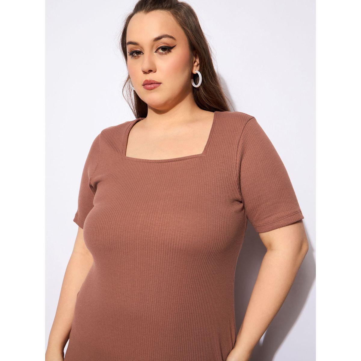 Sassafras Plus Size Ribbed Square Neck Short Sleeves Midi Dress-women-clothing-dresses-image-4