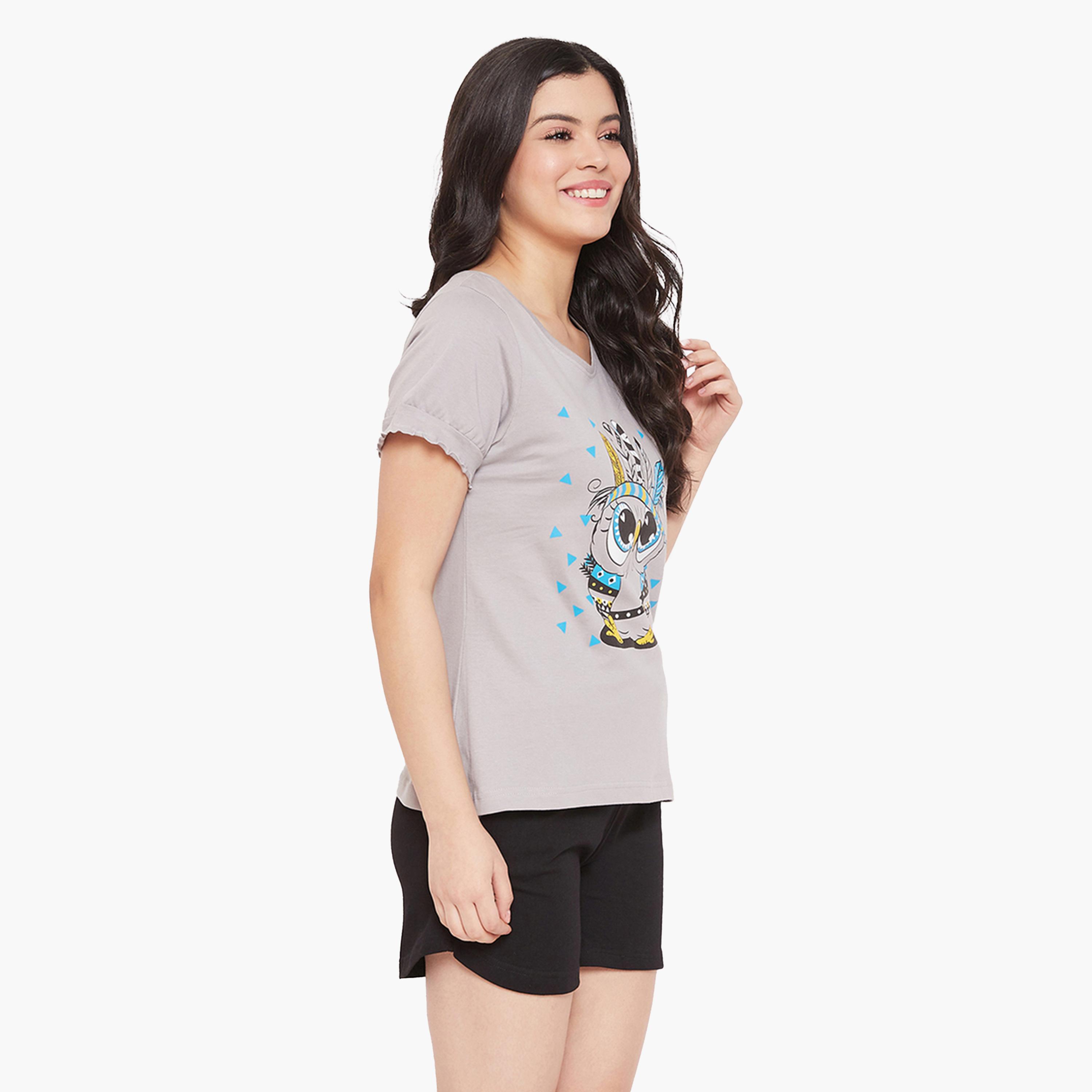 كولفيا × ستايلي - طقم ملابس نوم من بلوزة رمادية بطبعة بومة وشورت أسود للنساء-women-clothing-nightwear-pyjamas-shortsets-image-4