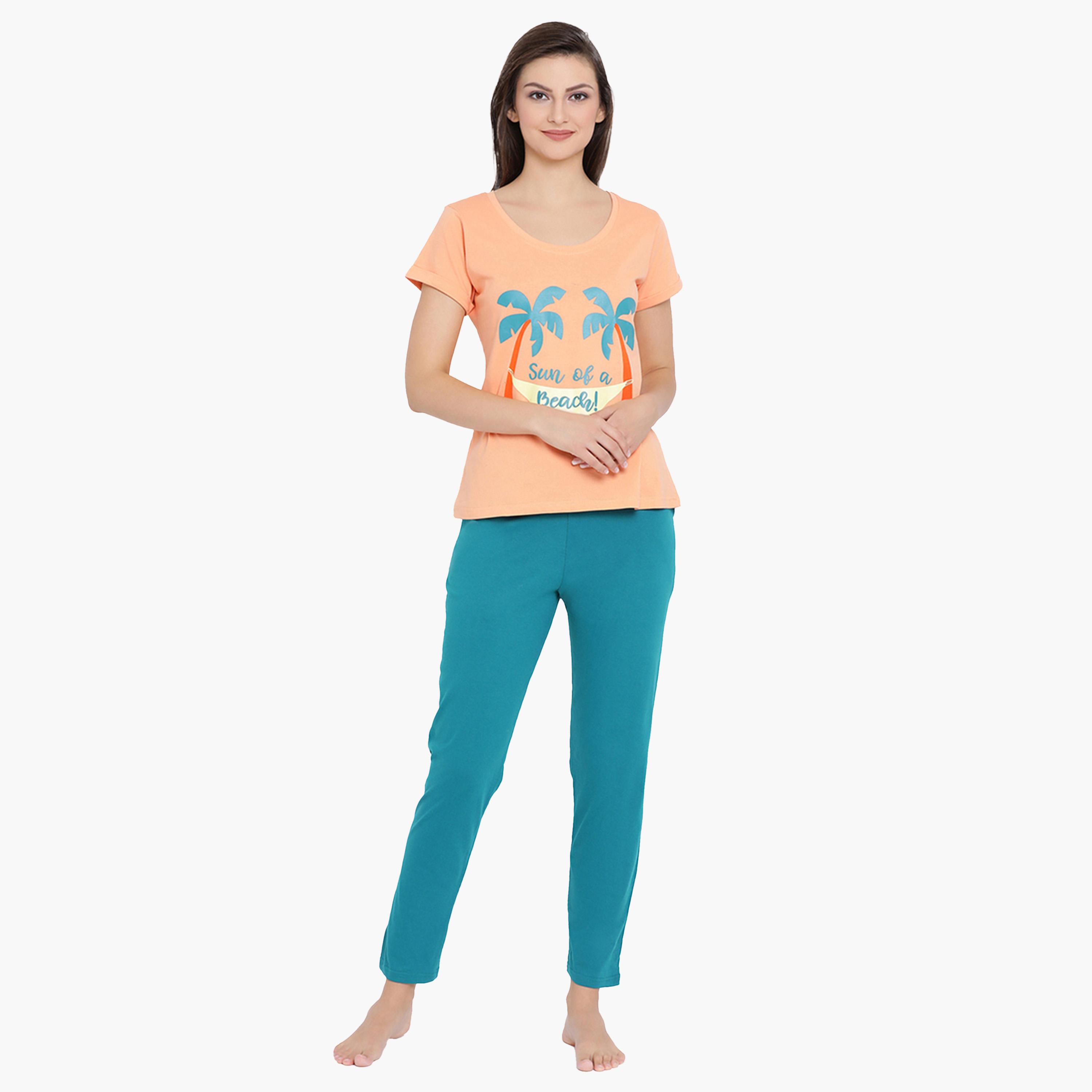 Clovia X Styli Women's Cotton Rich Printed Top & Orange Pyjama Set-women-clothing-nightwear-pyjamas-longsets-image-1