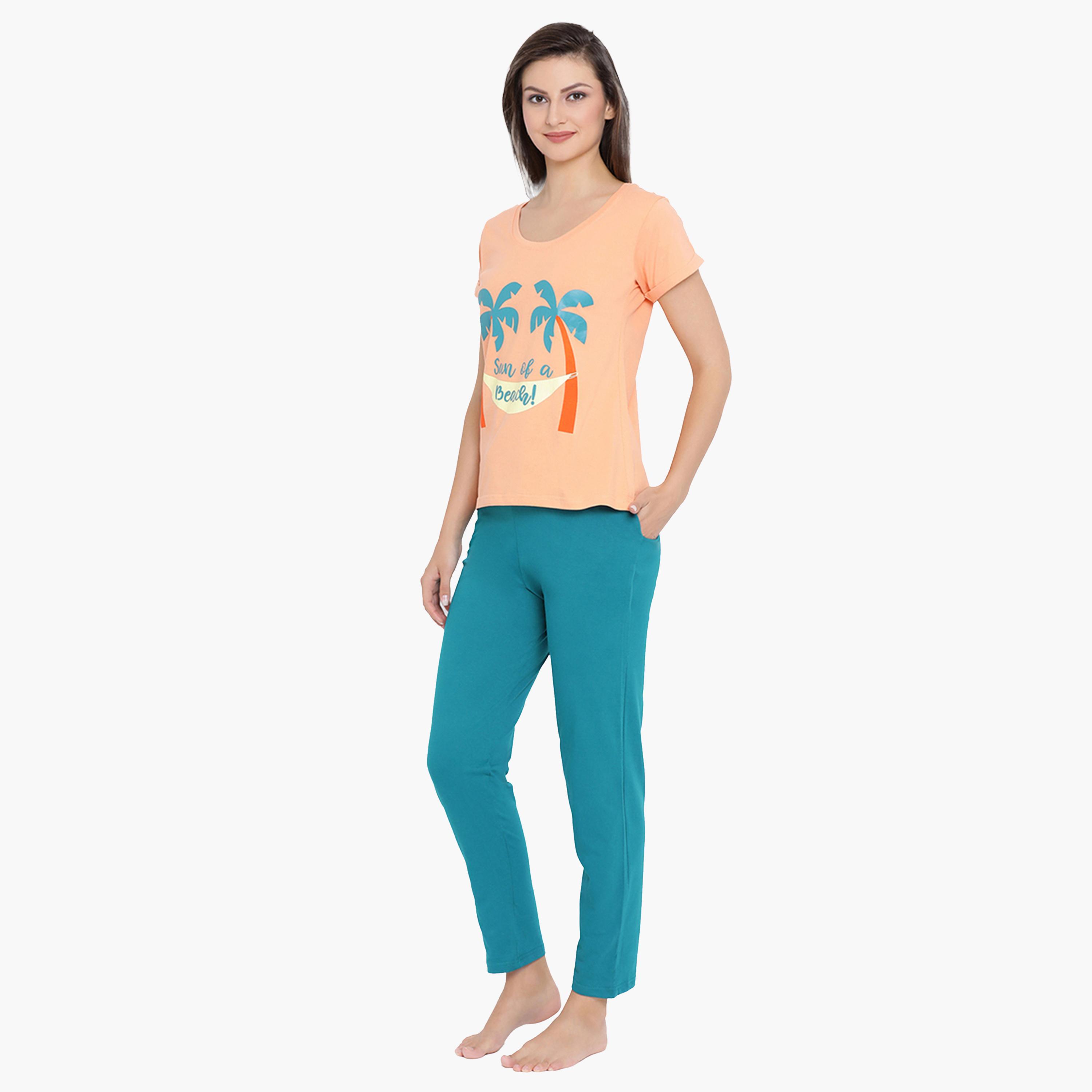 Clovia X Styli Women's Cotton Rich Printed Top & Orange Pyjama Set-women-clothing-nightwear-pyjamas-longsets-image-2