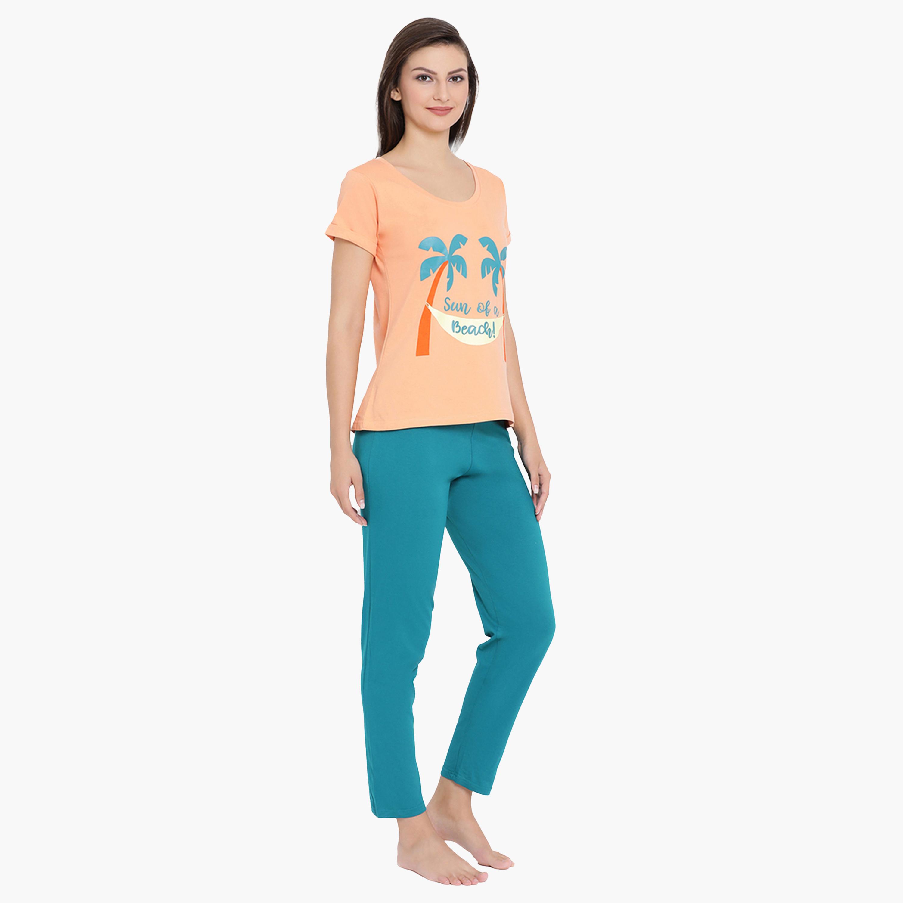 Clovia X Styli Women's Cotton Rich Printed Top & Orange Pyjama Set-women-clothing-nightwear-pyjamas-longsets-image-3