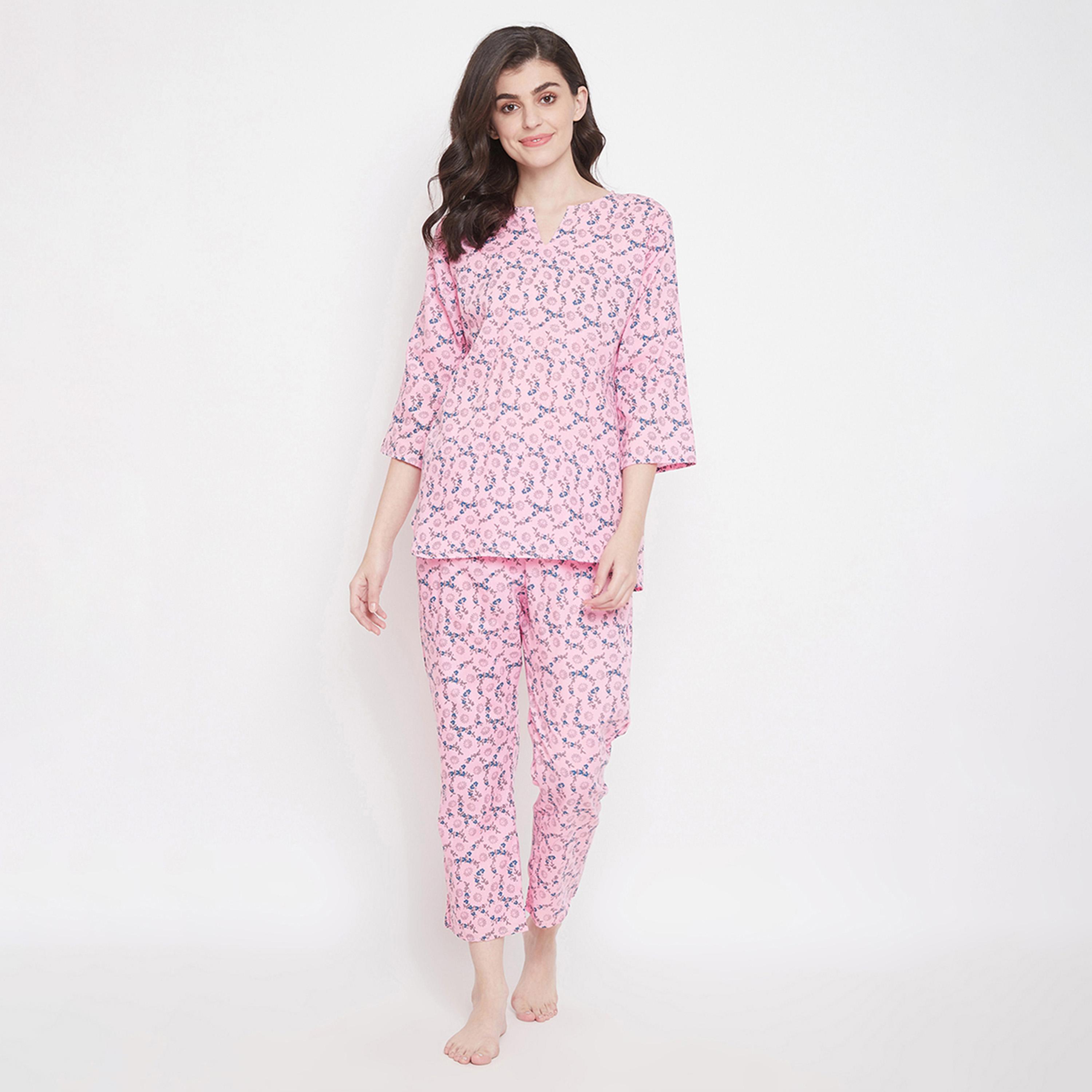 كولفيا × ستايلي - طقم بيجامة نسائي من مزيج القطن المطبوع - وردي-women-clothing-nightwear-pyjamas-longsets-image-1