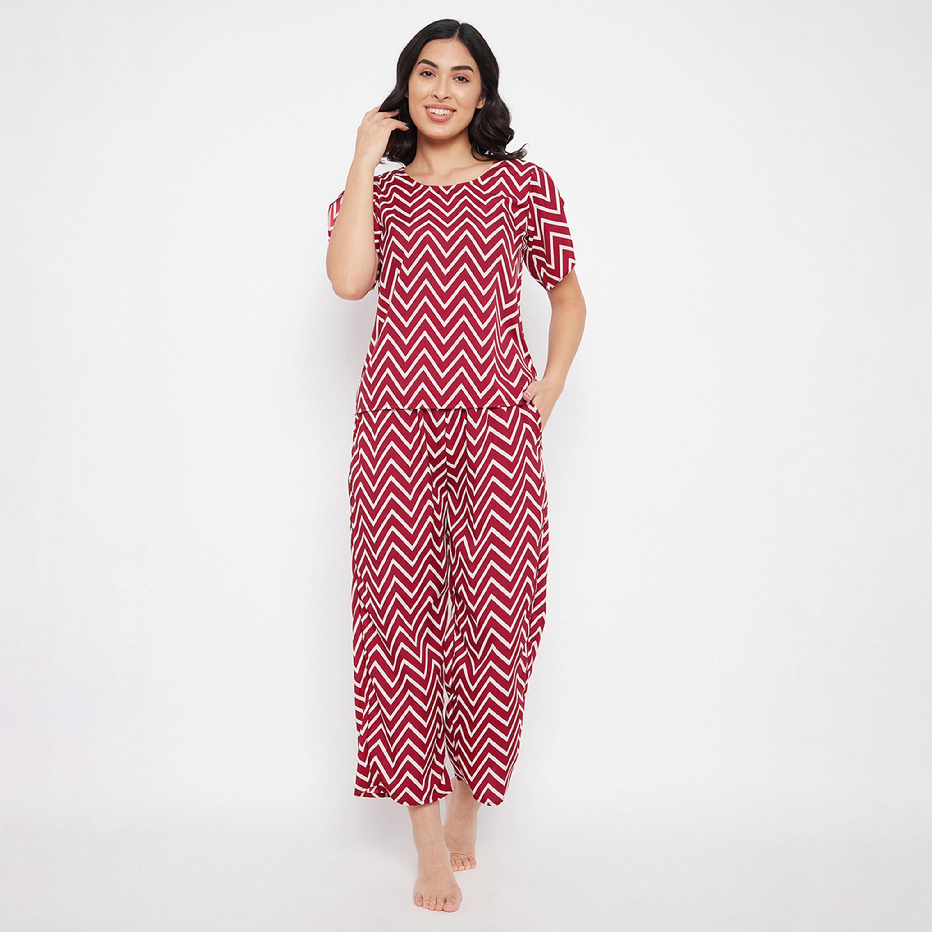 Clovia X Styli Women's Red Chevron Print Top & Pyjama Set-women-clothing-nightwear-pyjamas-longsets-image-1