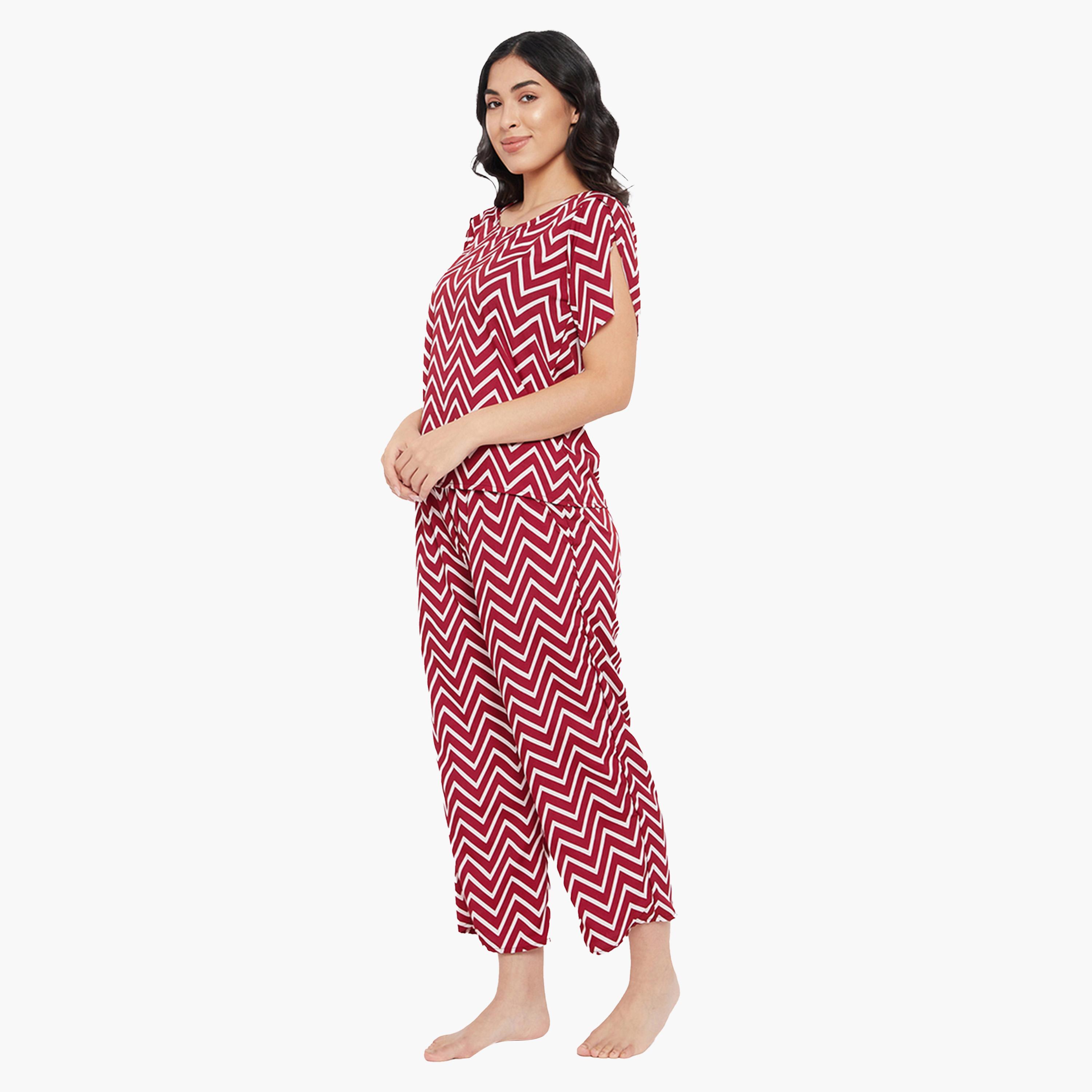Clovia X Styli Women's Red Chevron Print Top & Pyjama Set-women-clothing-nightwear-pyjamas-longsets-image-2