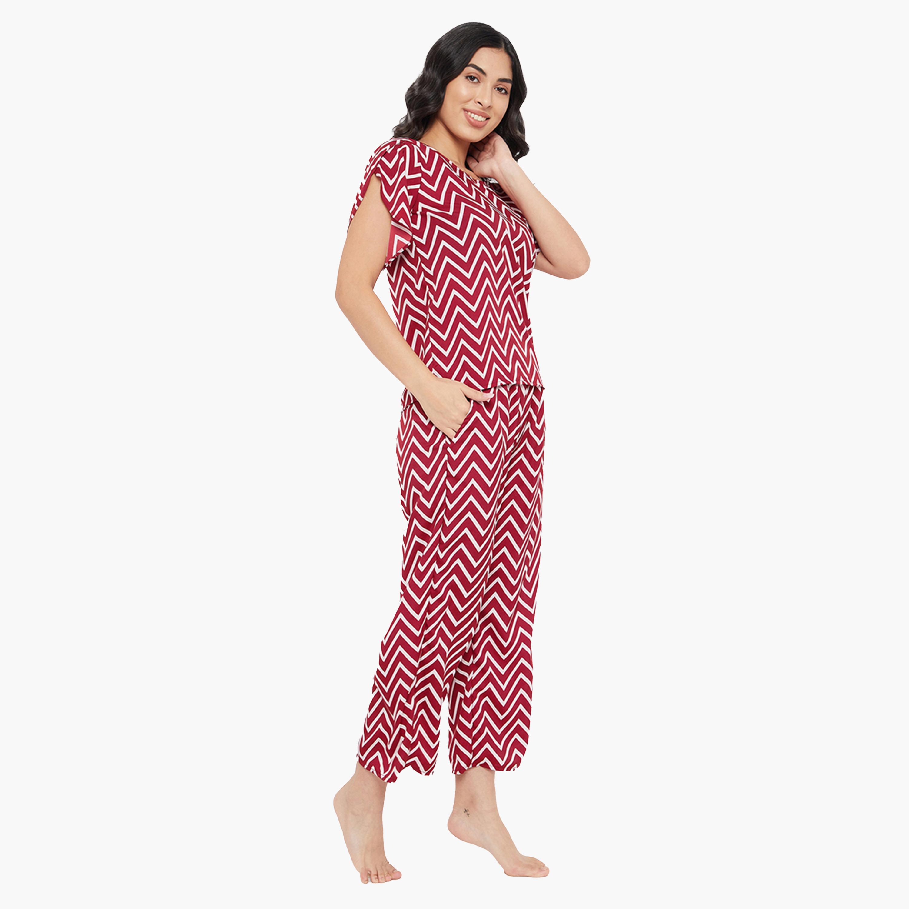 Clovia X Styli Women's Red Chevron Print Top & Pyjama Set-women-clothing-nightwear-pyjamas-longsets-image-3