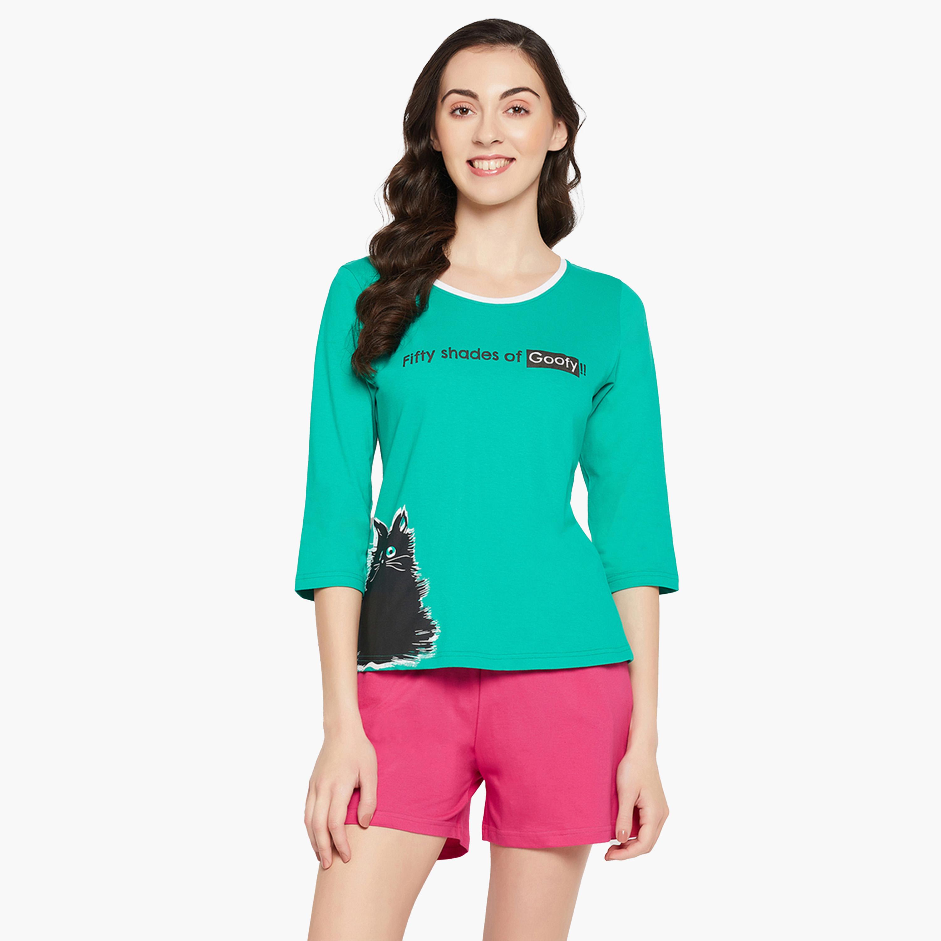 كولفيا × ستايلي - طقم بيجامة شورت مطبوع للنساء - أخضر بحري وفوشي-women-clothing-nightwear-pyjamas-shortsets-image-1