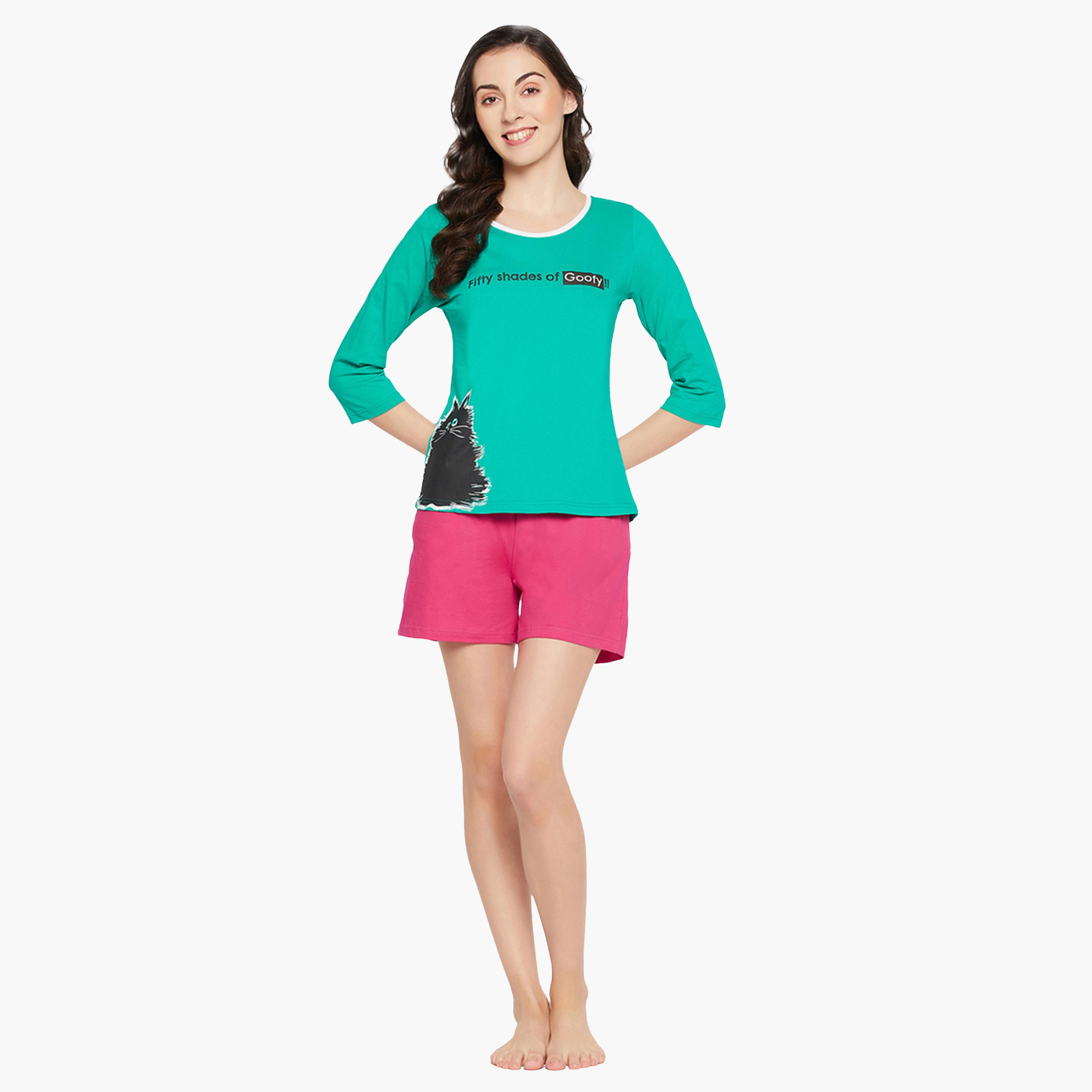 كولفيا × ستايلي - طقم بيجامة شورت مطبوع للنساء - أخضر بحري وفوشي-women-clothing-nightwear-pyjamas-shortsets-image-2