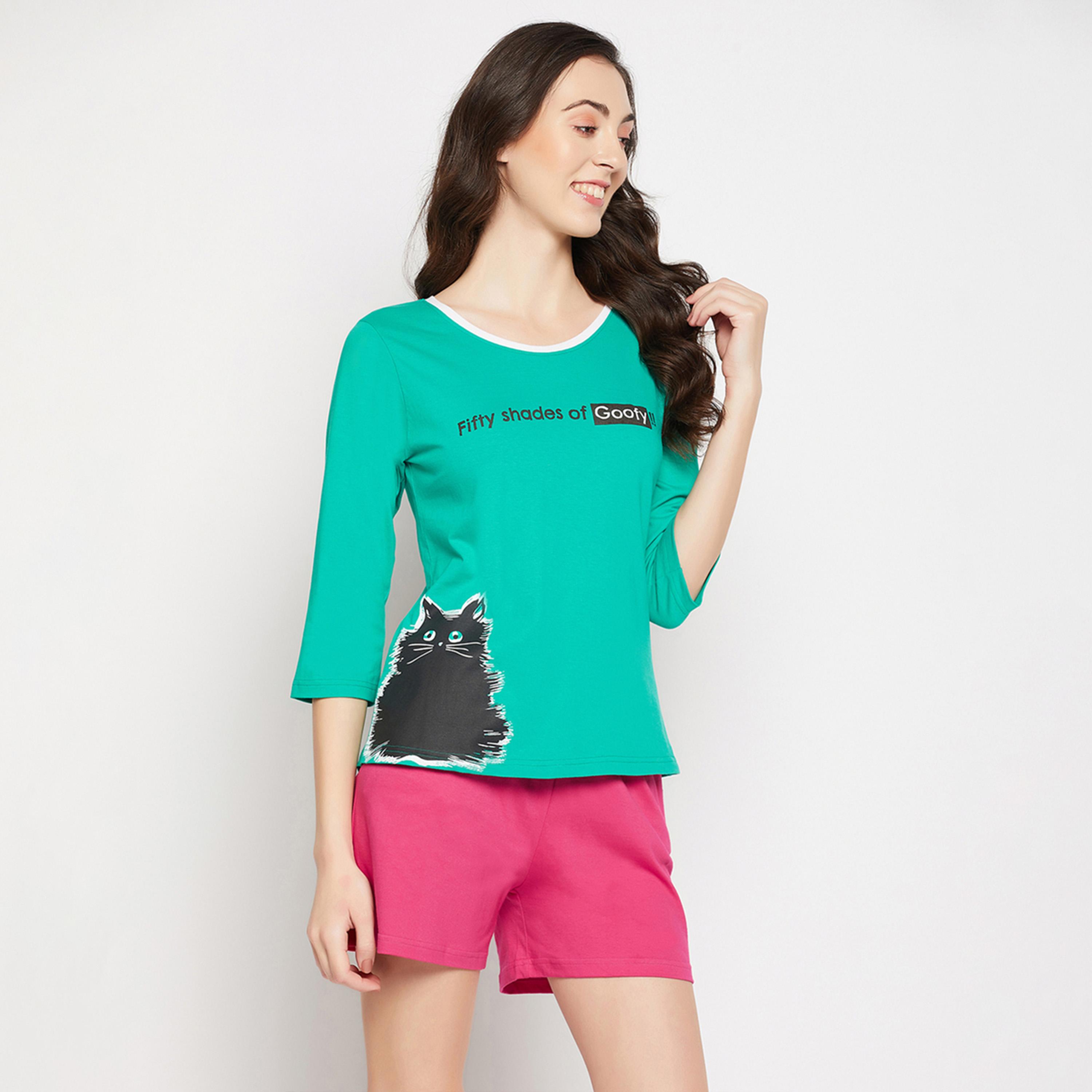 كولفيا × ستايلي - طقم بيجامة شورت مطبوع للنساء - أخضر بحري وفوشي-women-clothing-nightwear-pyjamas-shortsets-image-4