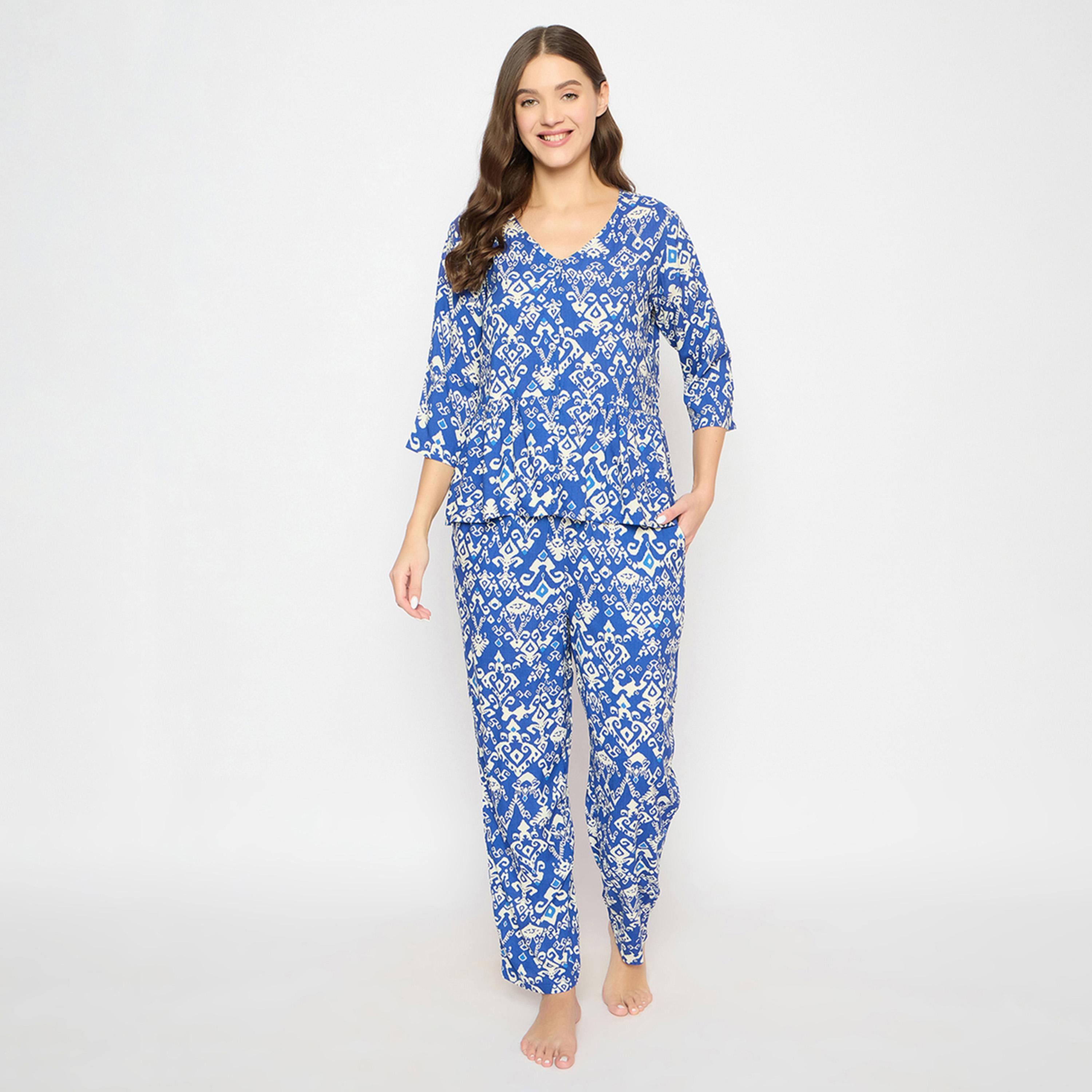 كولفيا × ستايلي - طقم بنطال بيجاما وقميص ببلوم مطبوع للنساء - كحلي-women-clothing-nightwear-pyjamas-longsets-image-1