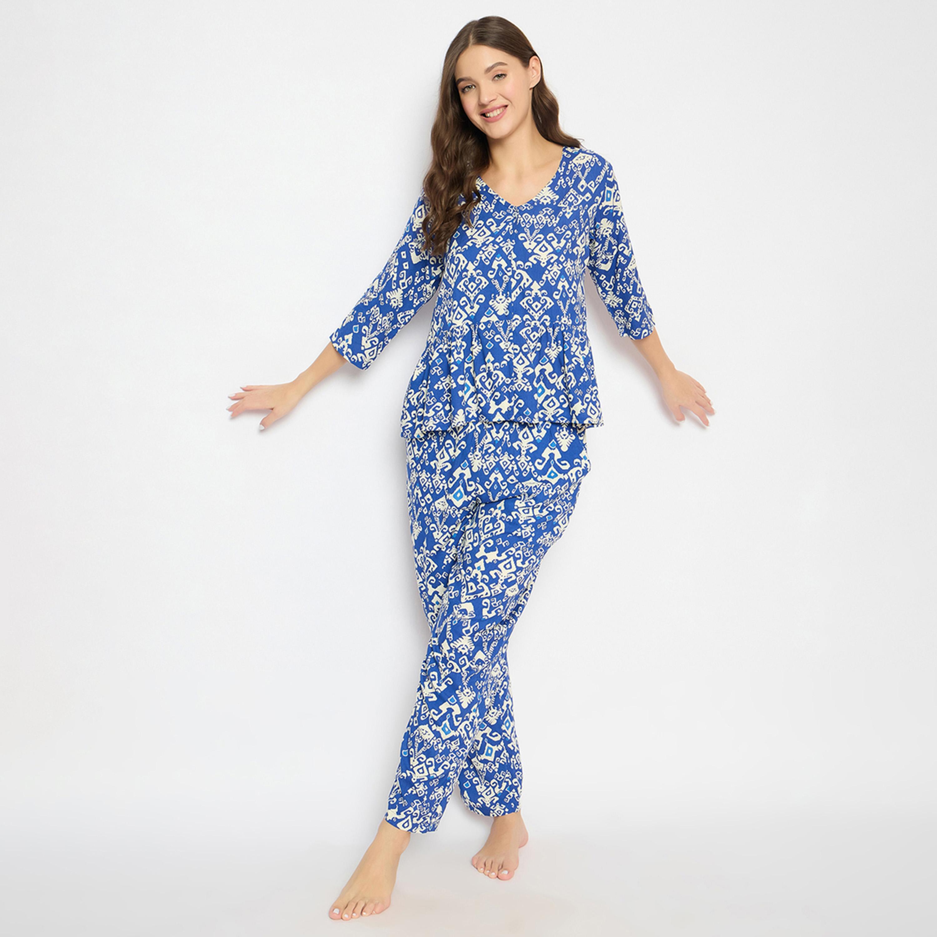 كولفيا × ستايلي - طقم بنطال بيجاما وقميص ببلوم مطبوع للنساء - كحلي-women-clothing-nightwear-pyjamas-longsets-image-2