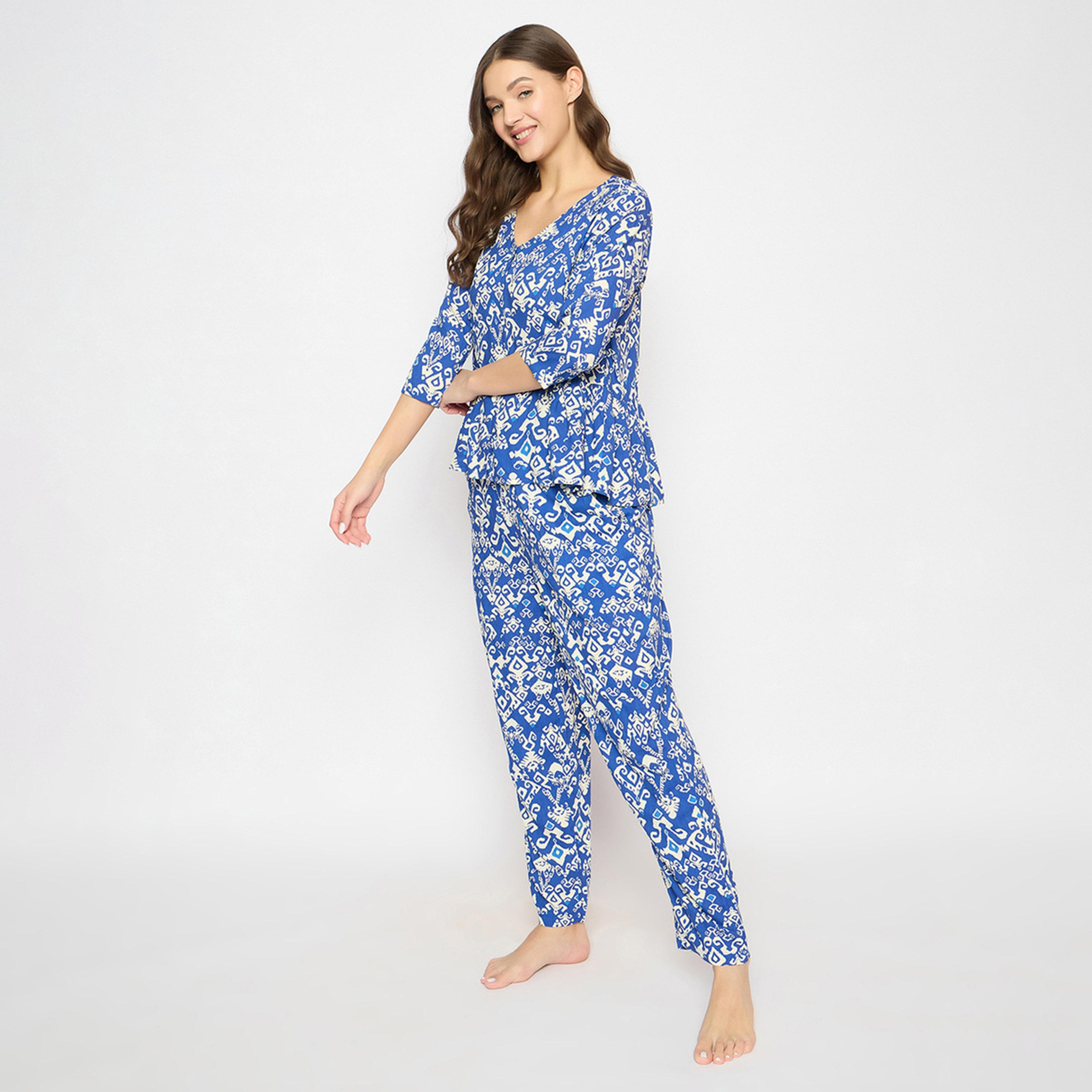 كولفيا × ستايلي - طقم بنطال بيجاما وقميص ببلوم مطبوع للنساء - كحلي-women-clothing-nightwear-pyjamas-longsets-image-3