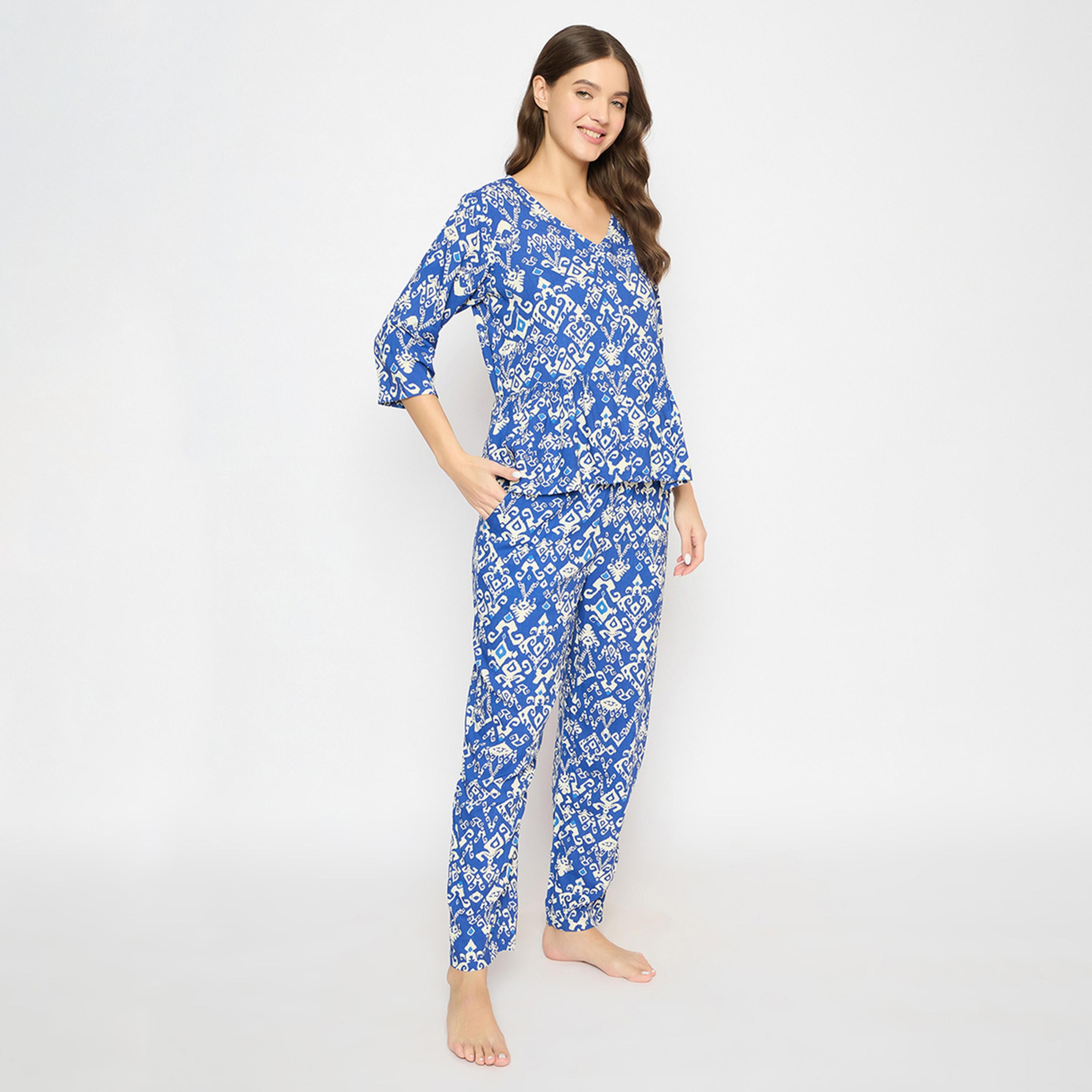 كولفيا × ستايلي - طقم بنطال بيجاما وقميص ببلوم مطبوع للنساء - كحلي-women-clothing-nightwear-pyjamas-longsets-image-4