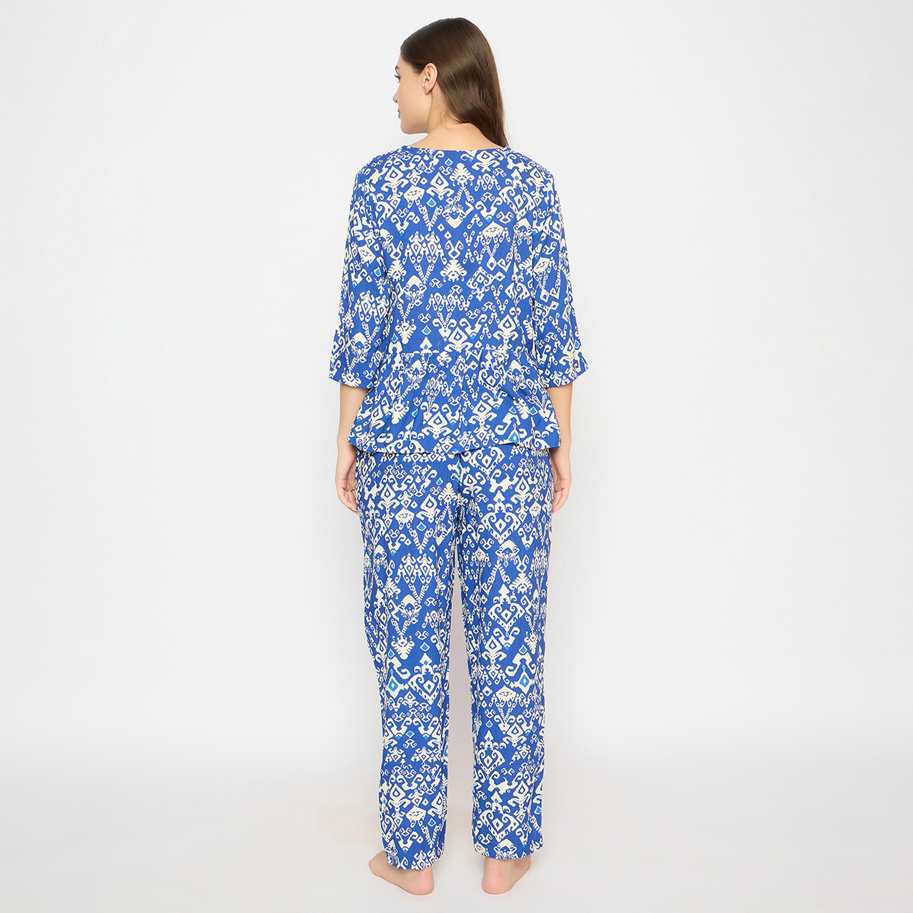 كولفيا × ستايلي - طقم بنطال بيجاما وقميص ببلوم مطبوع للنساء - كحلي-women-clothing-nightwear-pyjamas-longsets-image-5
