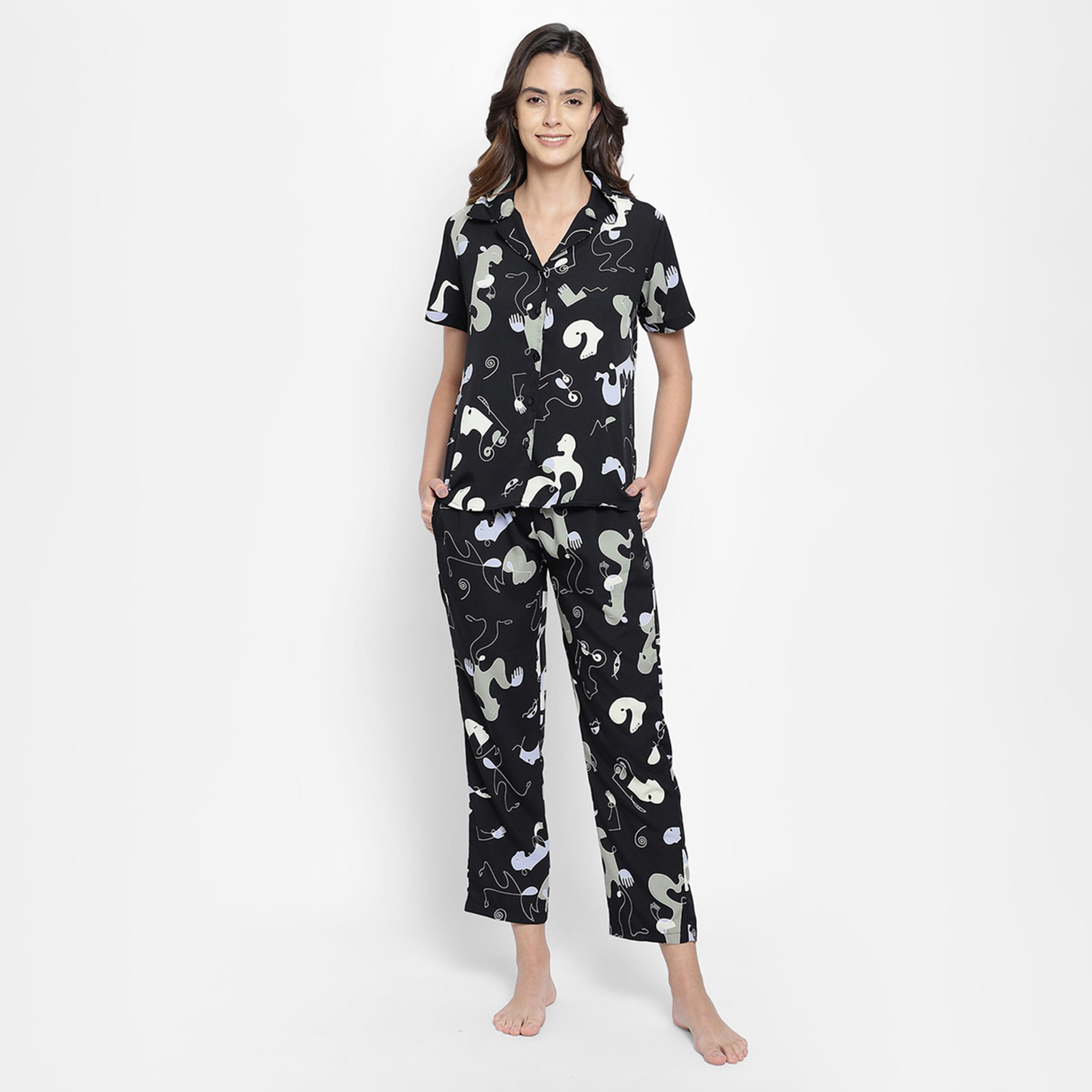 Clovia X Styli Women's Abstract Print Button Down Shirt & Black Pyjama Sets-women-clothing-nightwear-pyjamas-longsets-image-1