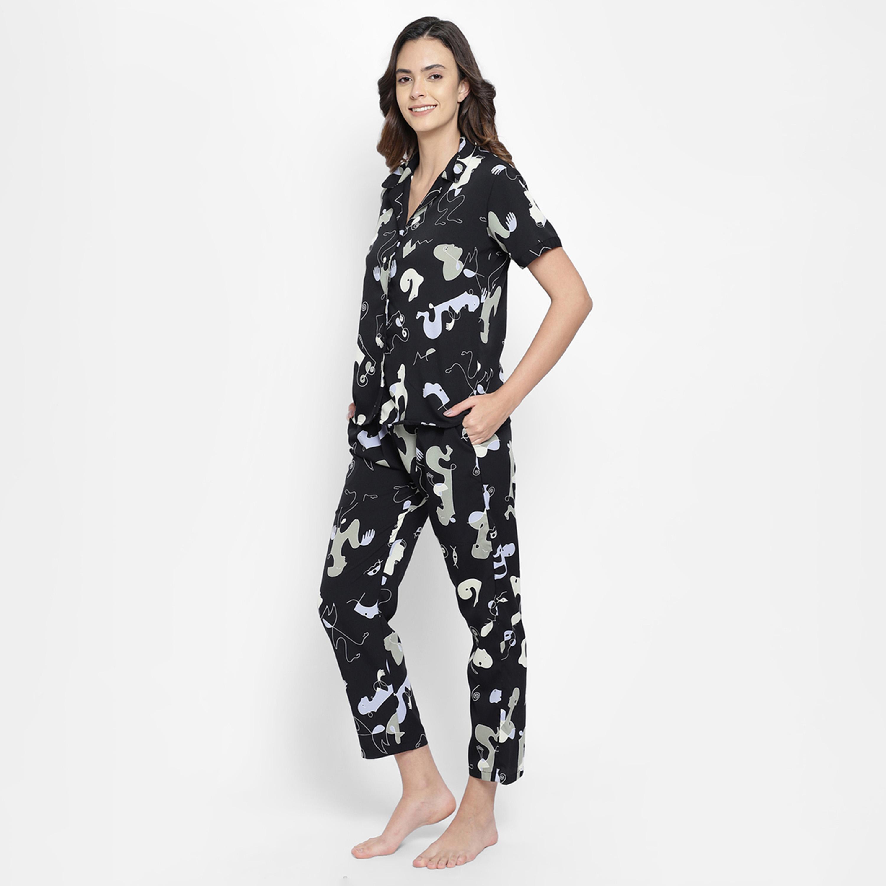 Clovia X Styli Women's Abstract Print Button Down Shirt & Black Pyjama Sets-women-clothing-nightwear-pyjamas-longsets-image-2