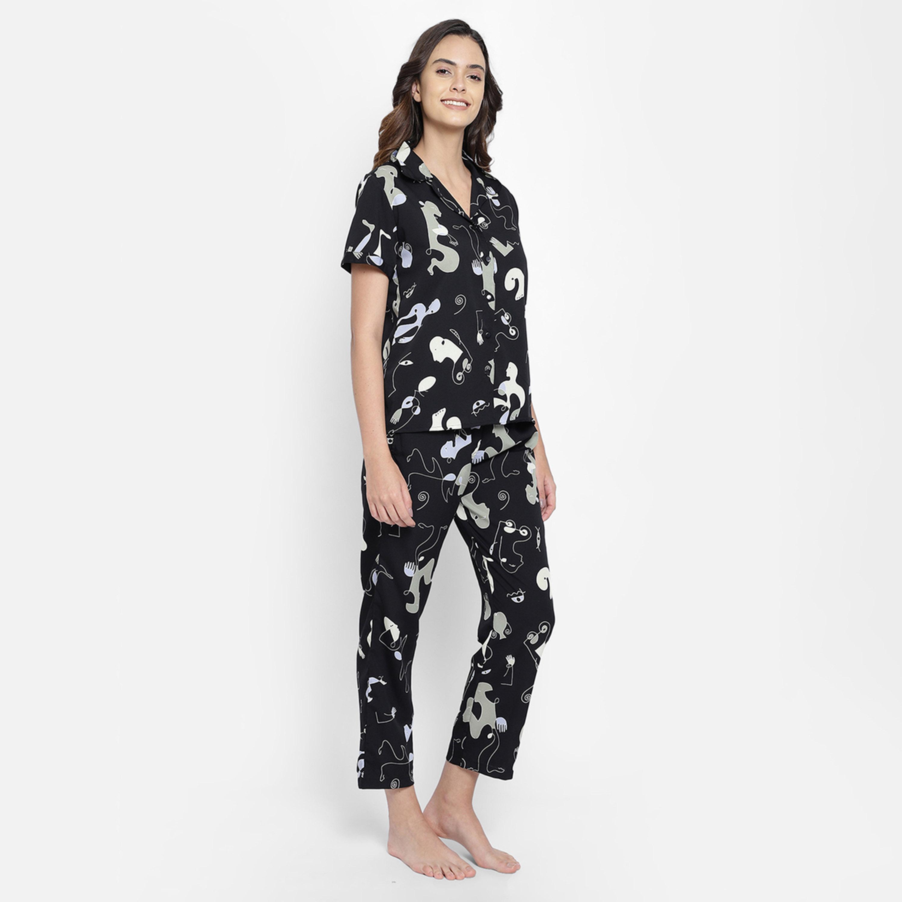 كولفيا × ستايلي - طقم بنطال بيجامة وقميص نسائي أسود بأزرار وطبعة تجريدية-women-clothing-nightwear-pyjamas-longsets-image-3