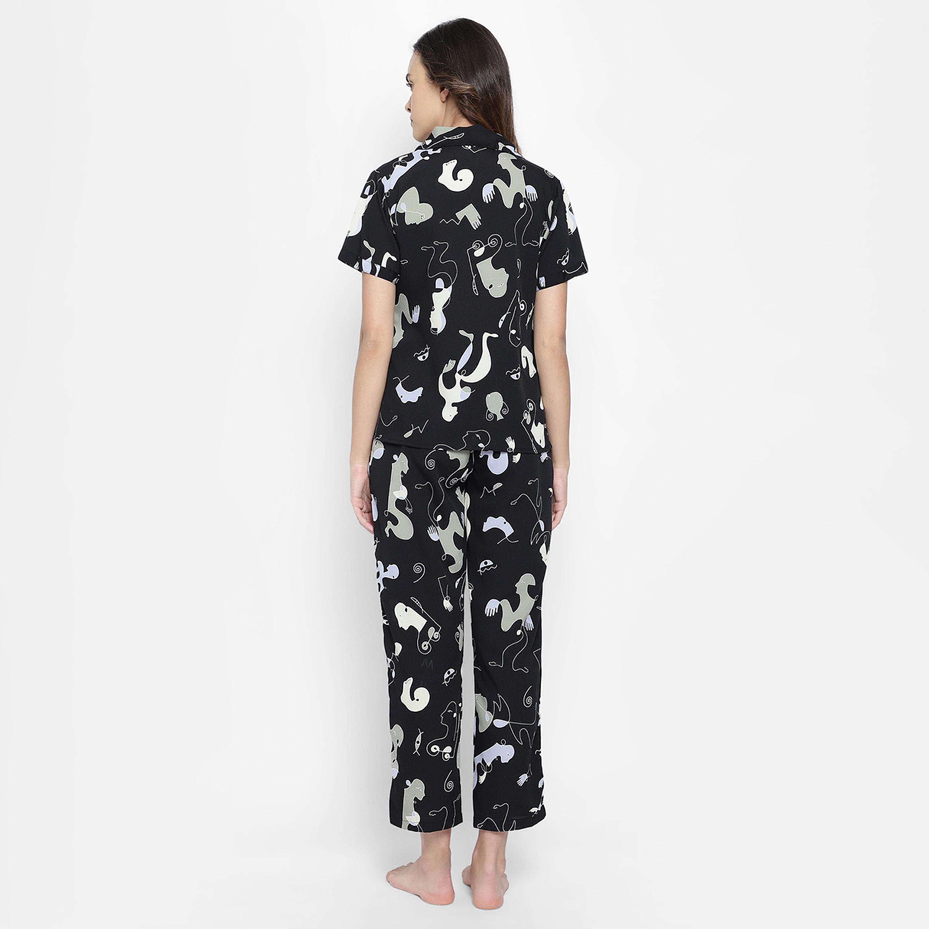 كولفيا × ستايلي - طقم بنطال بيجامة وقميص نسائي أسود بأزرار وطبعة تجريدية-women-clothing-nightwear-pyjamas-longsets-image-4